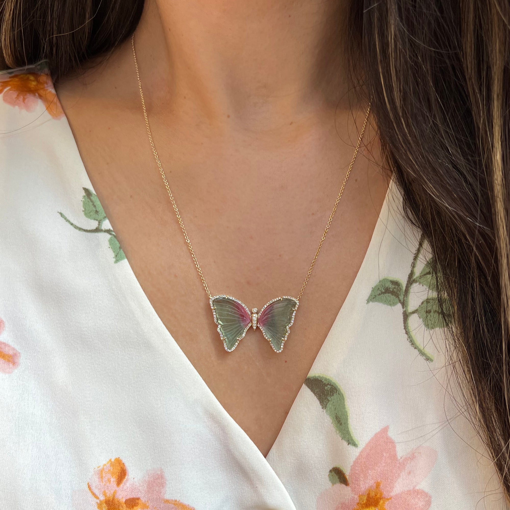 large green and pink tourmaline butterfly necklace with diamonds
