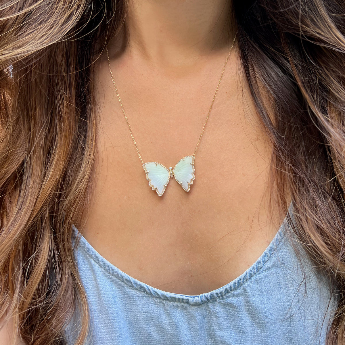 Large Light Green Chrysoprase Butterfly Necklace with Diamonds