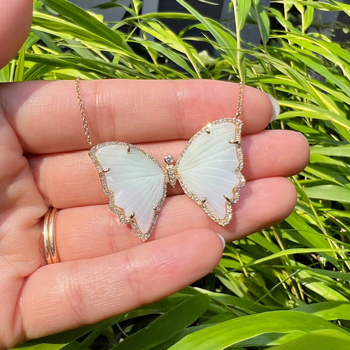 Large Light Green Chrysoprase Butterfly Necklace with Diamonds