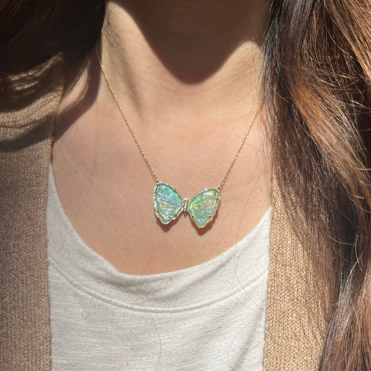 large green tourmaline and pearl butterfly necklace with diamonds