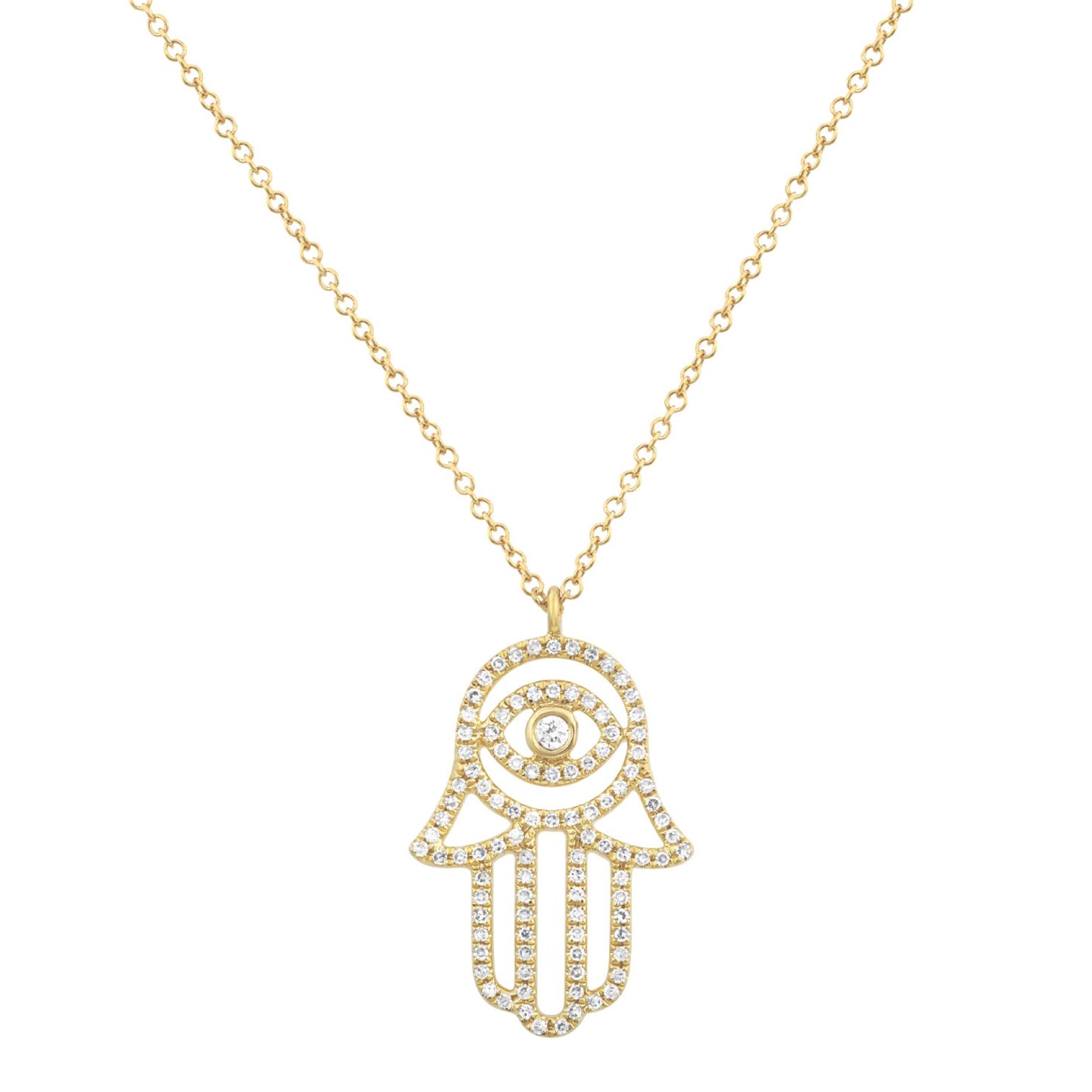 large hamsa hand with evil eye and diamonds in 14k gold