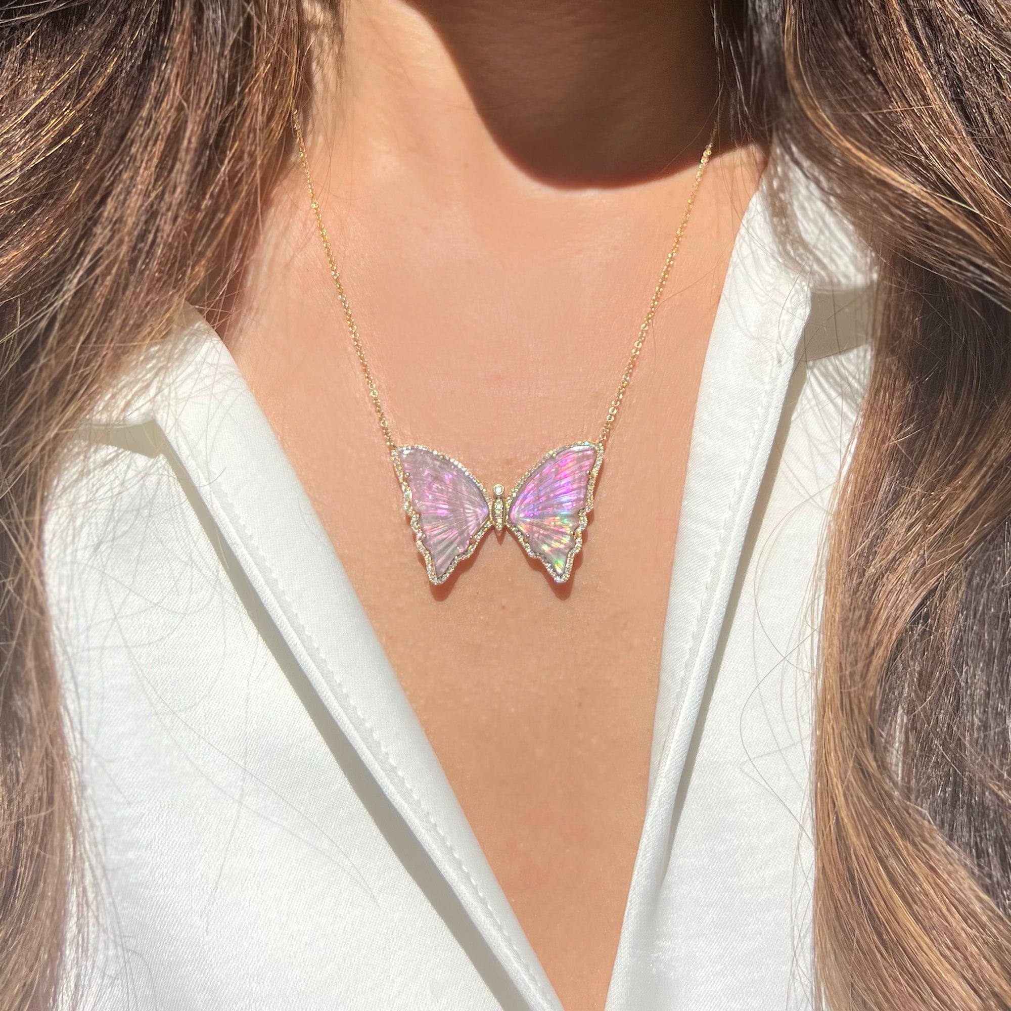 large lavender pearl tourmaline butterfly necklace with diamonds