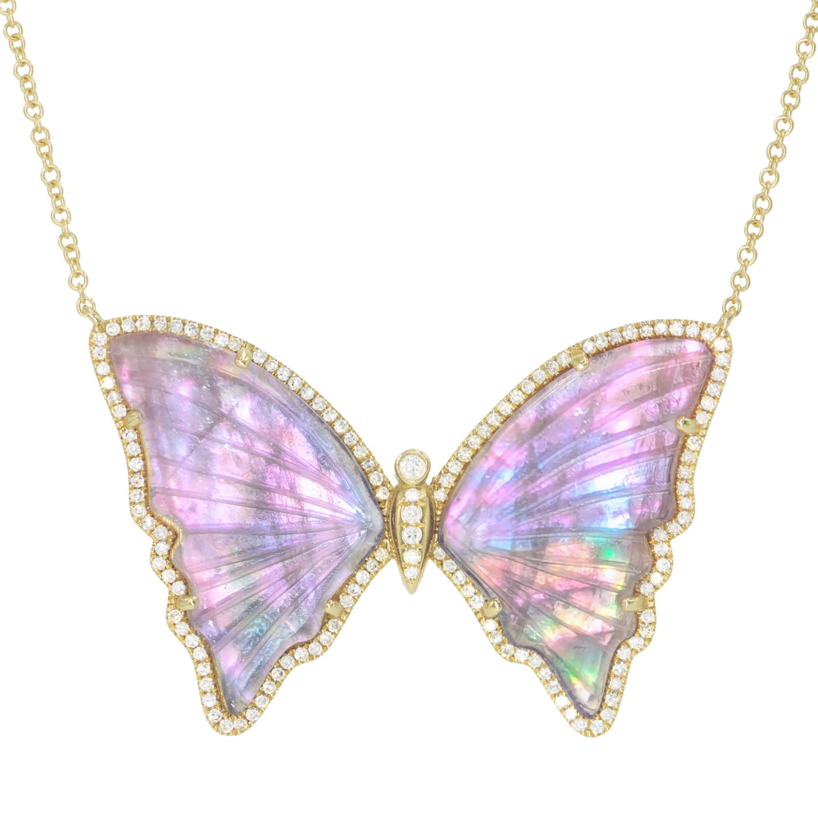 large lavender pearl tourmaline butterfly necklace with diamonds
