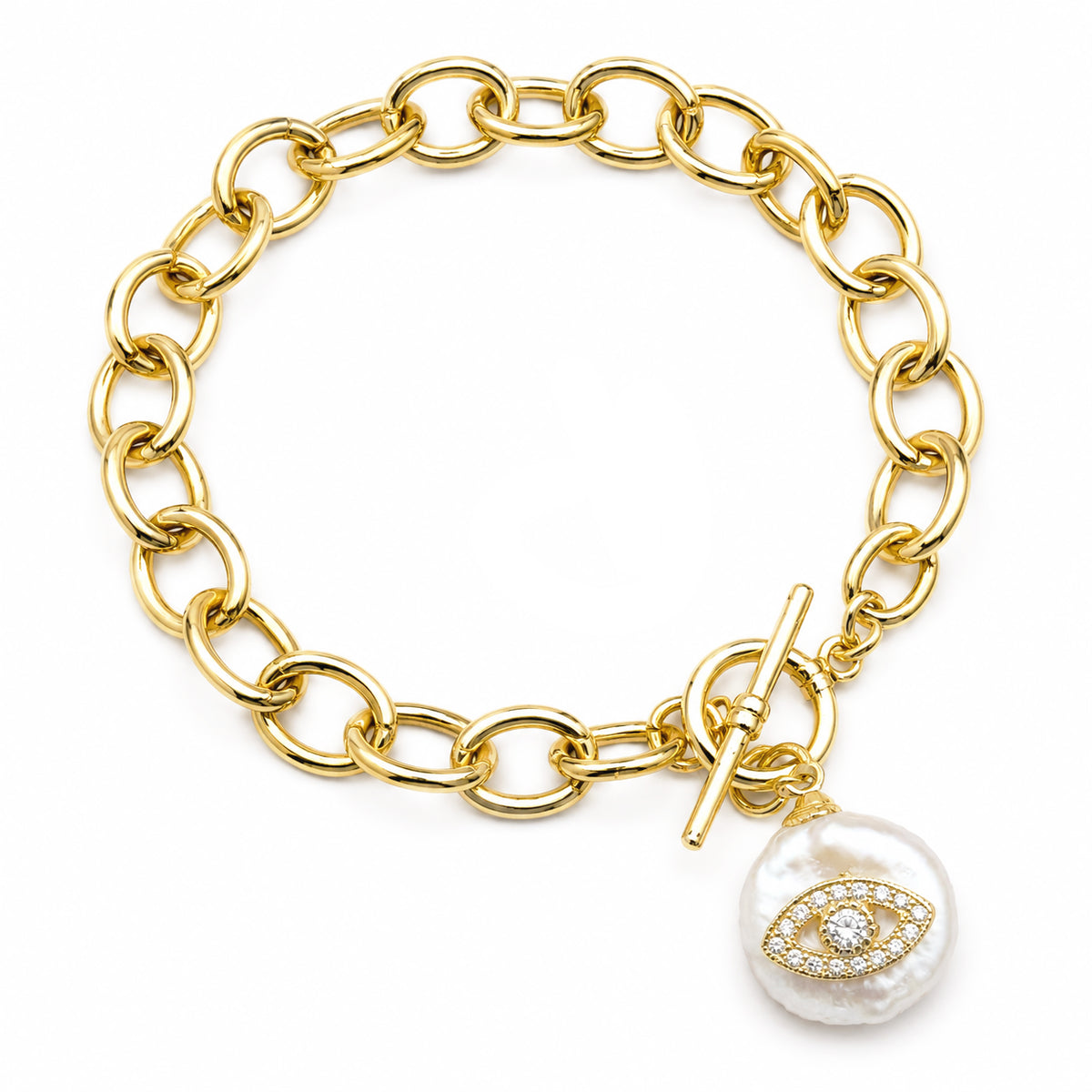 Large Oval Link Evil Eye Pearl Charm Bracelet