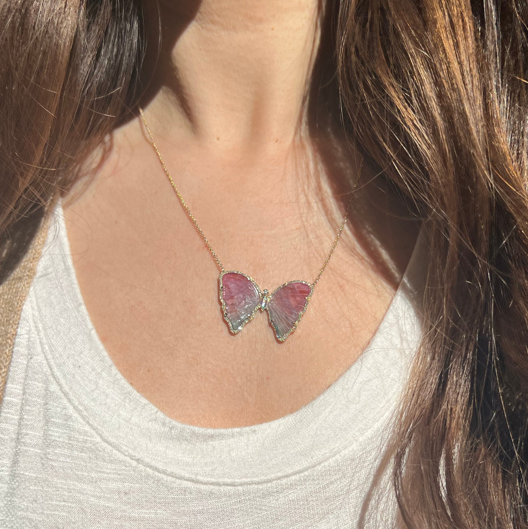 large pink and mauve tourmaline butterfly necklace with diamonds