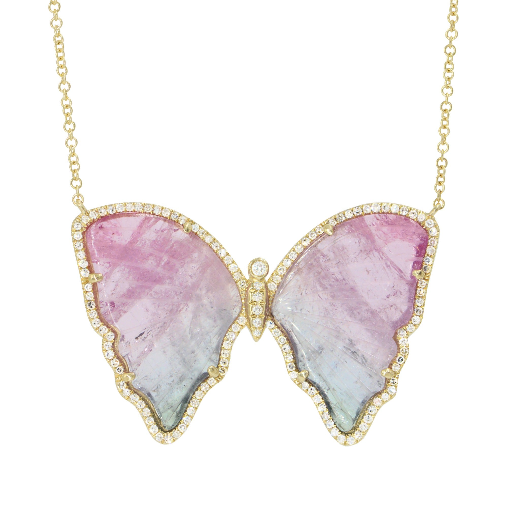 large pink and mauve tourmaline butterfly necklace with diamonds