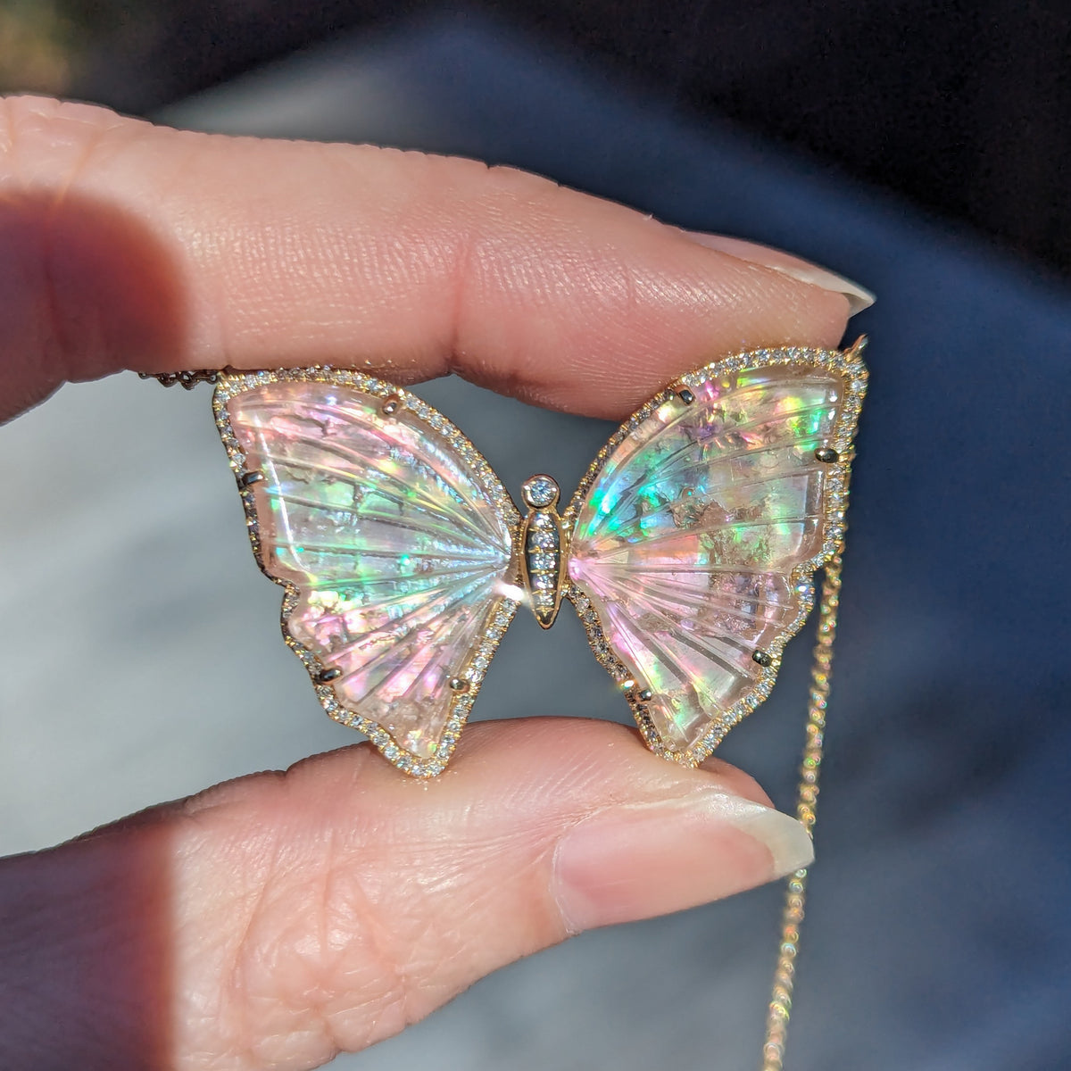large pink and pearl tourmaline butterfly necklace with diamonds