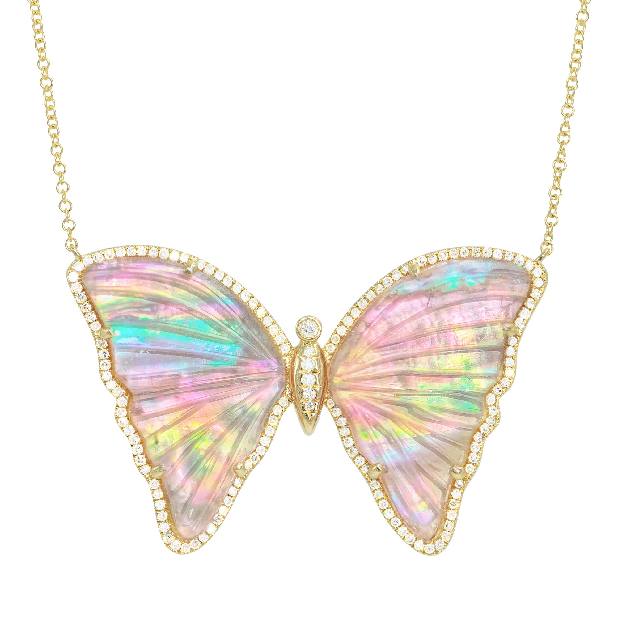 large pink and pearl tourmaline butterfly necklace with damonds