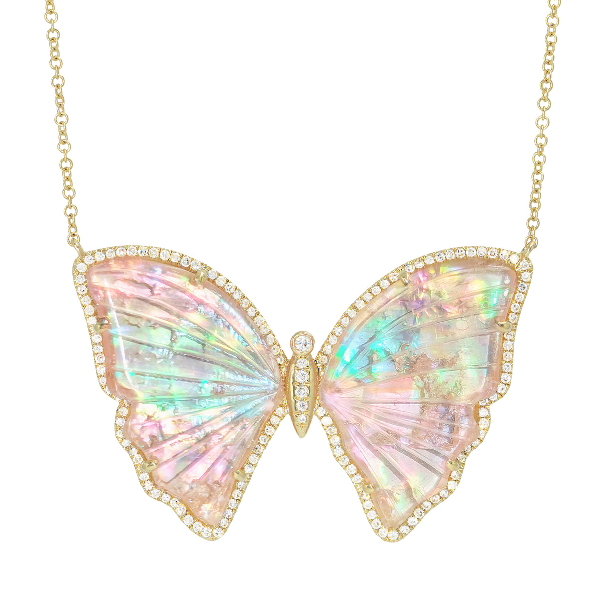 large pink and rainbow pearl tourmaline butterfly necklace with diamonds