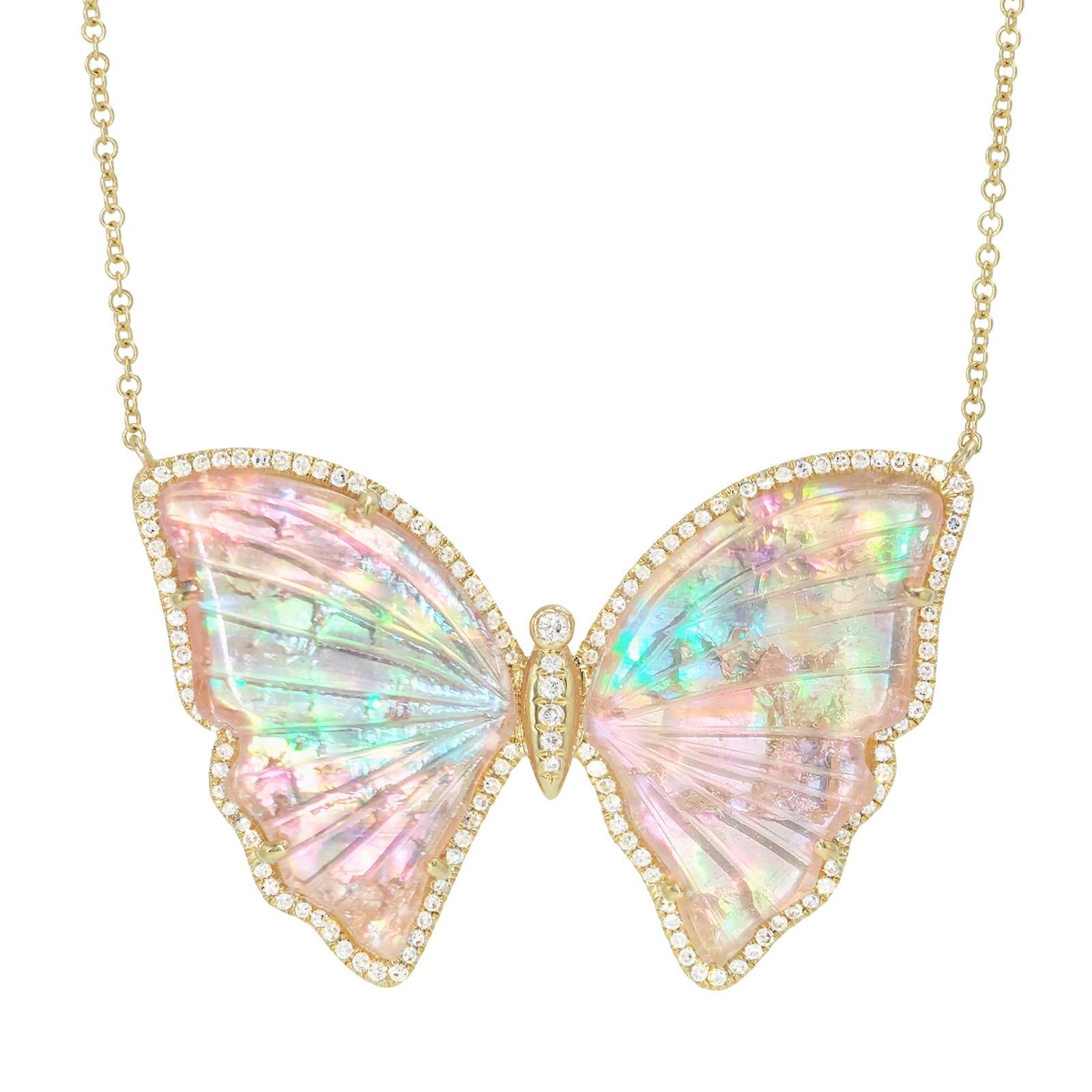 large pink and rainbow pearl tourmaline butterfly necklace with diamonds