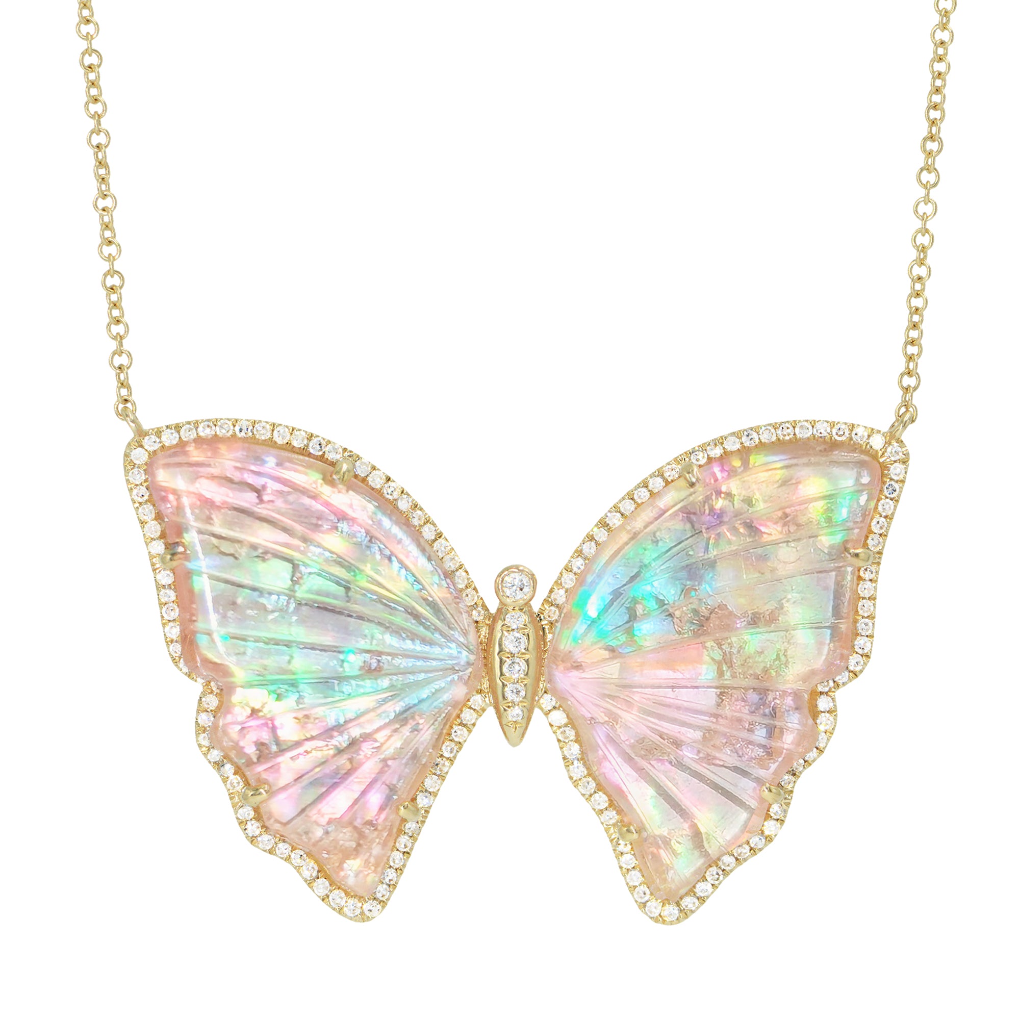 large pink and rainbow pearl tourmaline butterfly necklace with diamonds