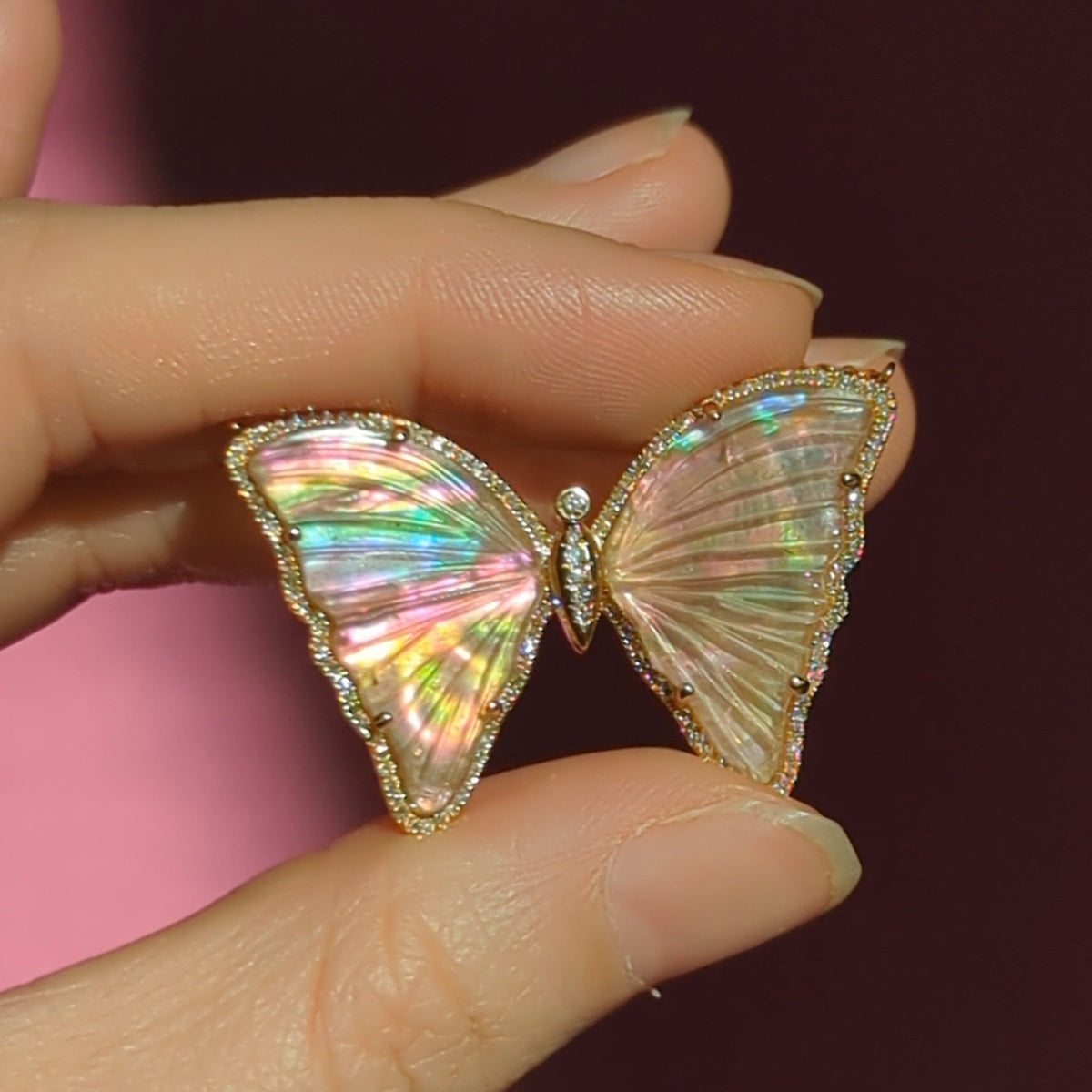 Large Pink Tourmaline Pearl Butterfly Necklace with Diamonds