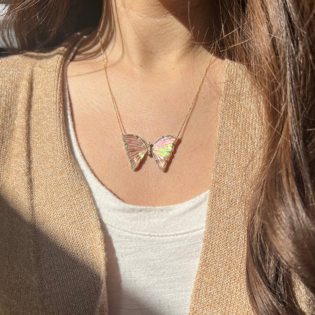 large pink tourmaline pearl butterfly necklace diamonds lifestyle