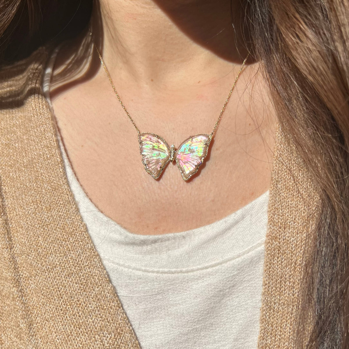 large pink tourmaline rainbow pearl butterfly necklace with diamonds