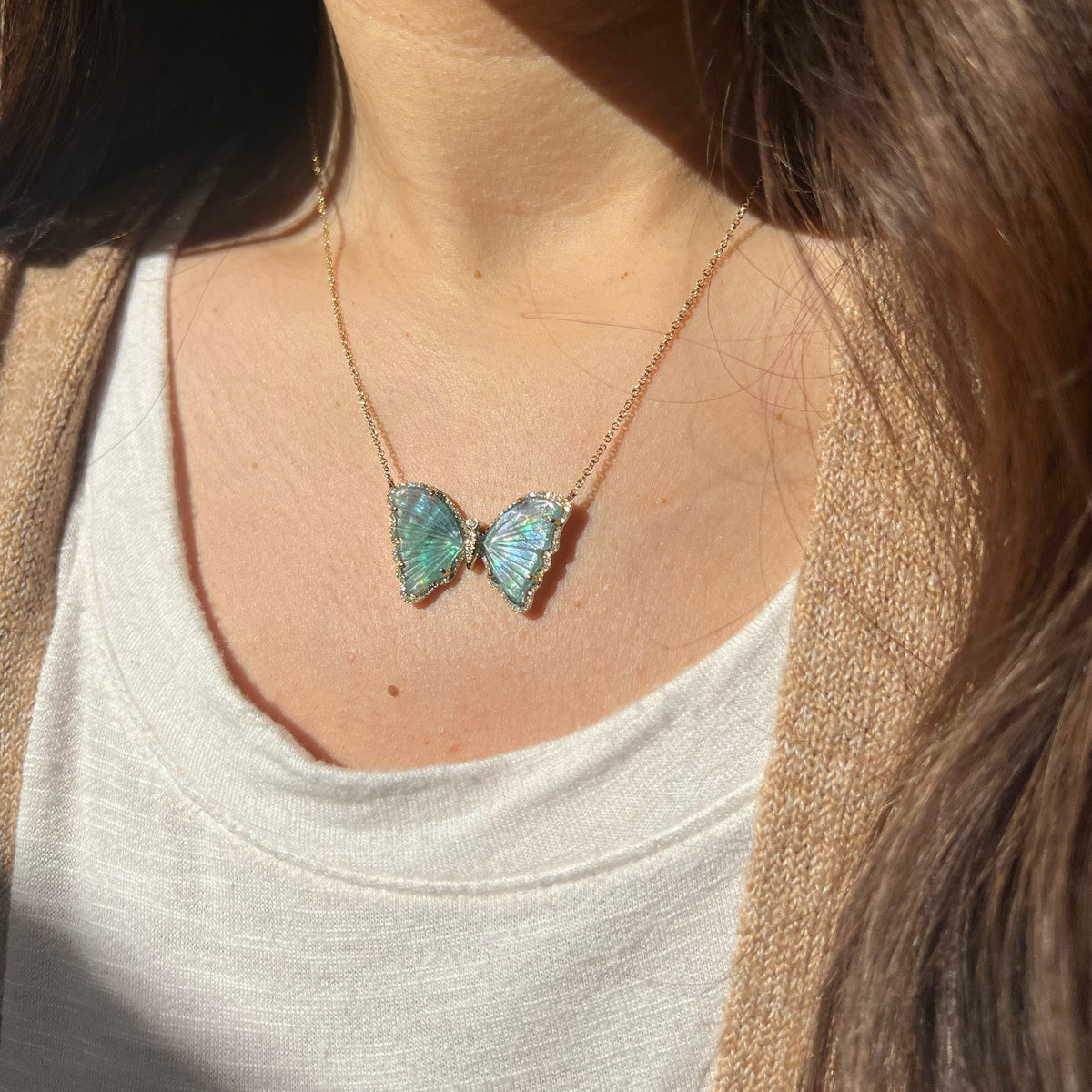 large teal blue tourmaline butterfly necklace with diamonds