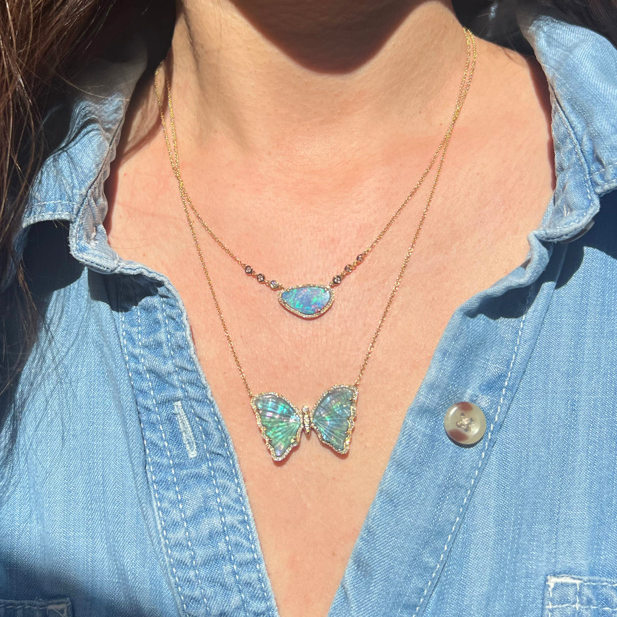 large teal blue tourmaline butterfly necklace with diamonds