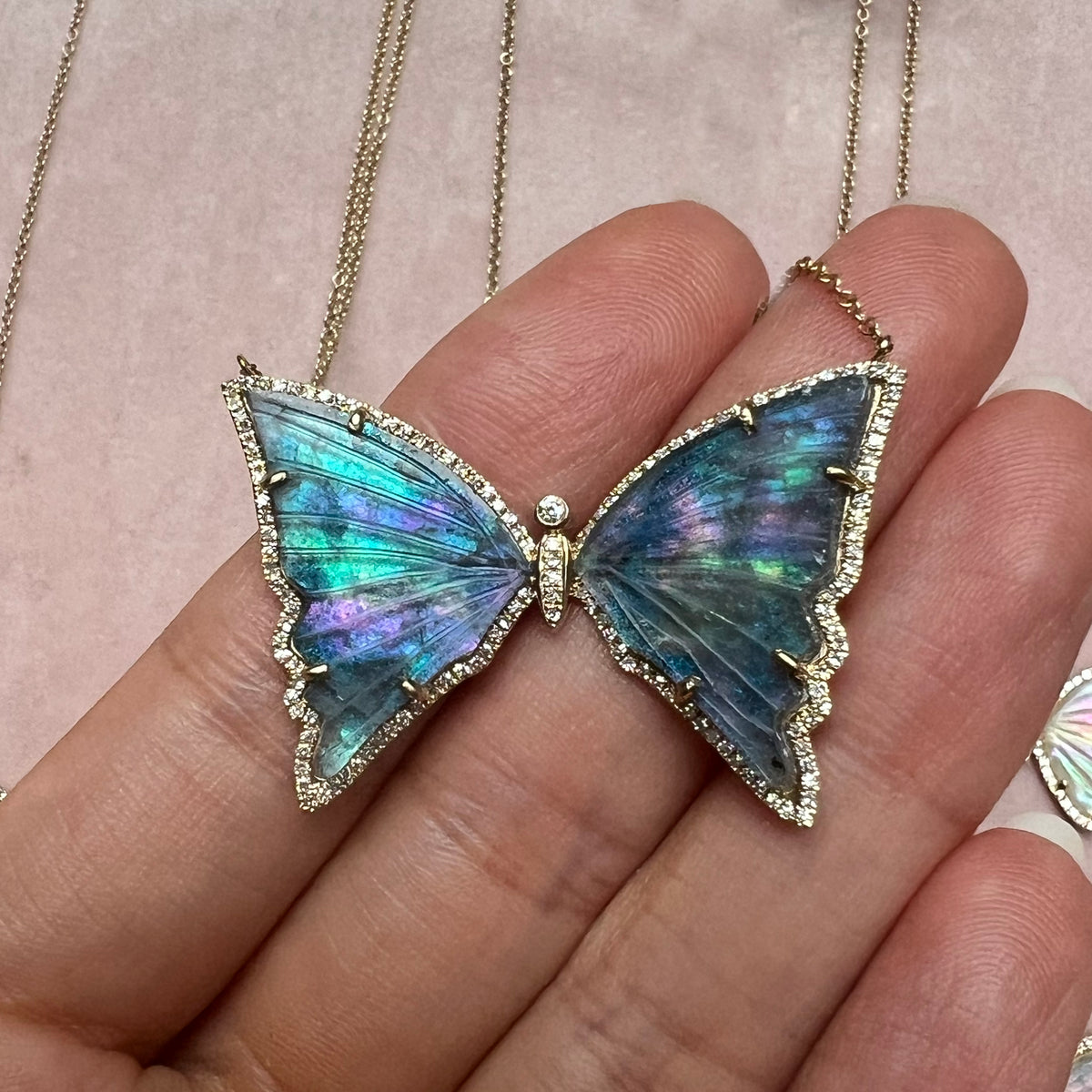 Teal Tourmaline Pearl Butterfly Necklace with Diamonds
