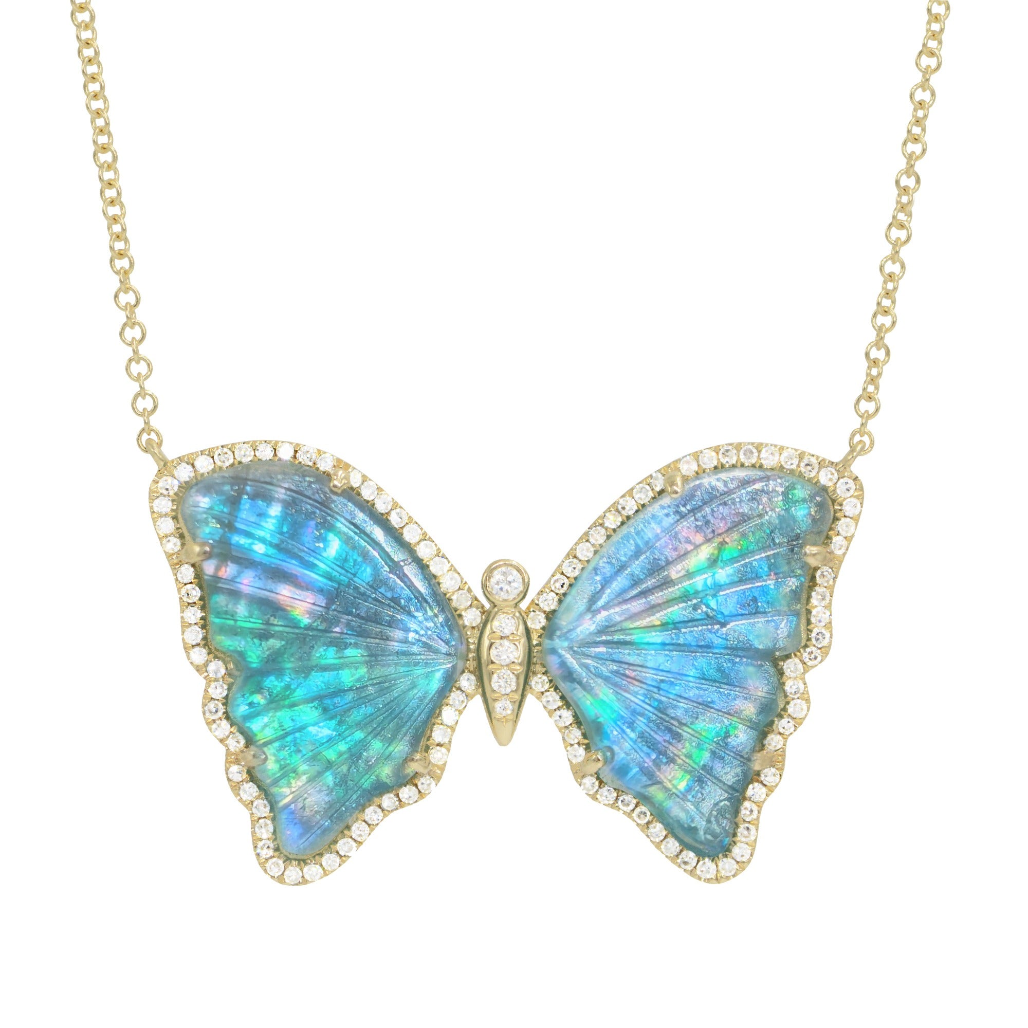 large teal blue tourmaline pearl butterfly necklace with diamonds