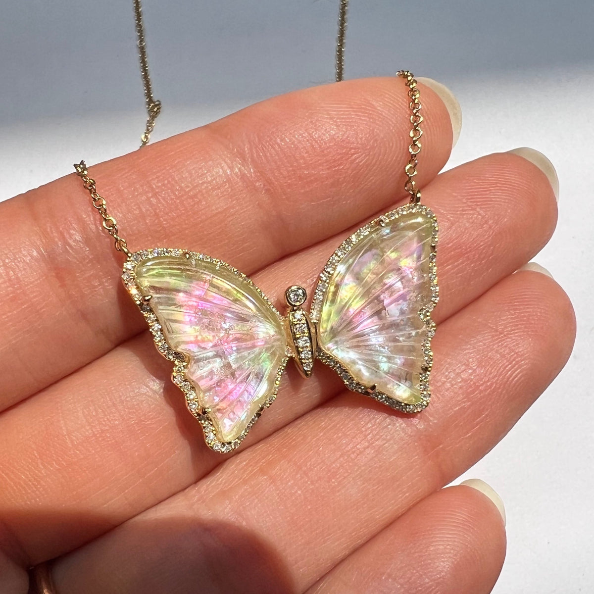 large tourmaline and pearl butterfly necklace with diamonds