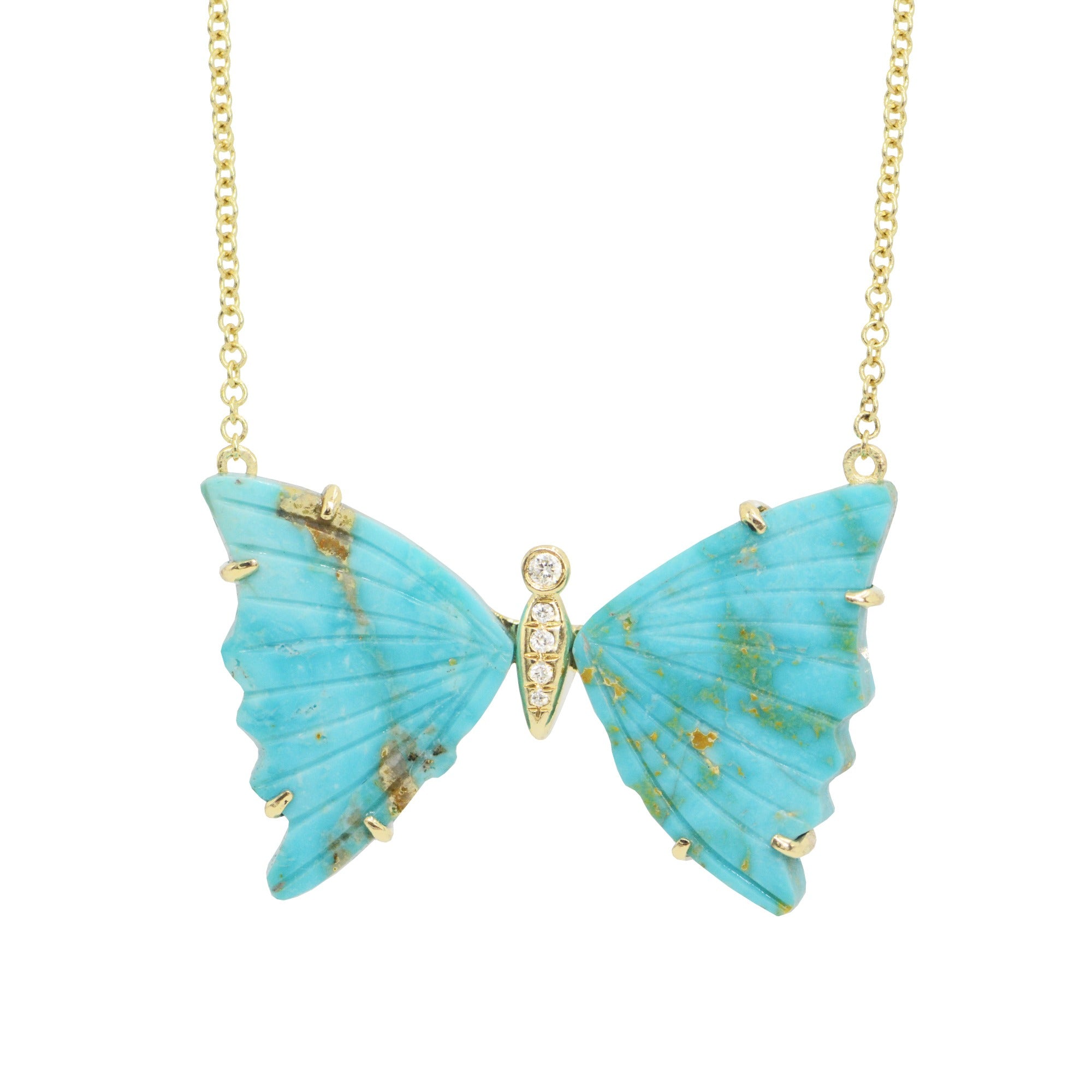 large turquoise butterfly necklace with diamonds and prongs