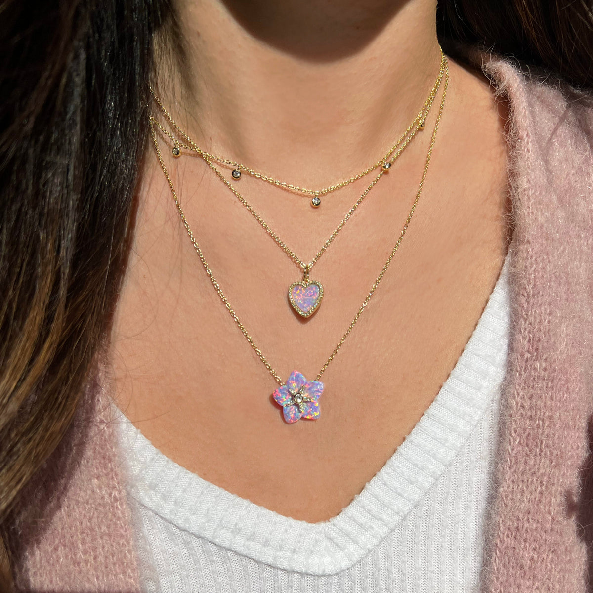 Opal Heart Necklace With Crystals and opal flower layered