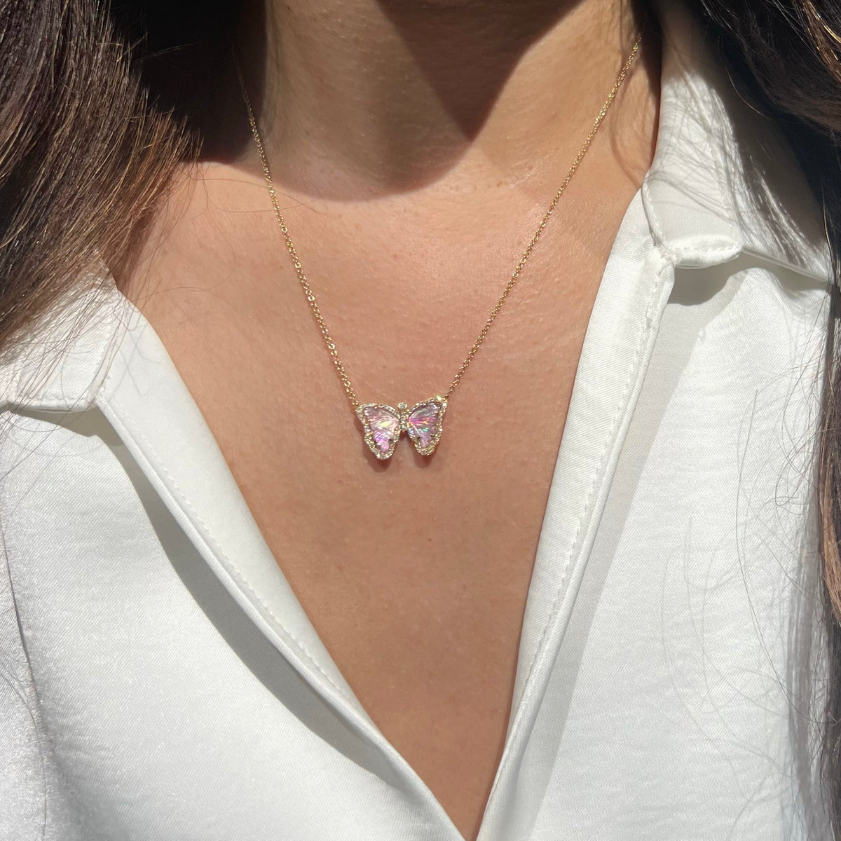 lavender pearl mini butterfly necklace with diamonds