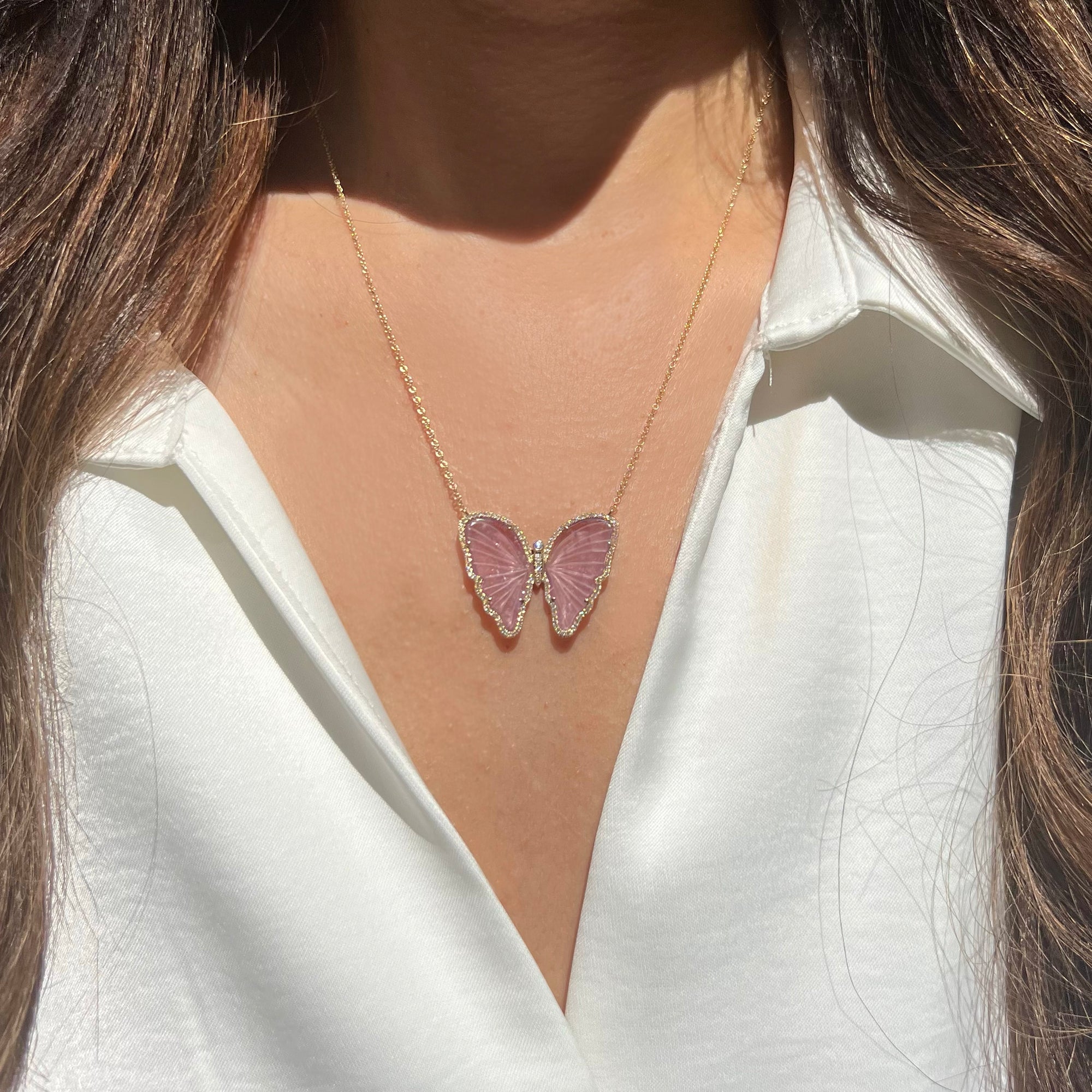 light lavender tourmaline butterfly necklace with diamonds