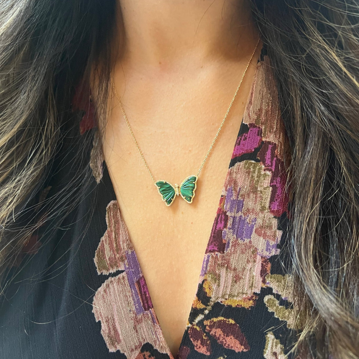 Malachite Butterfly Necklace With Diamonds