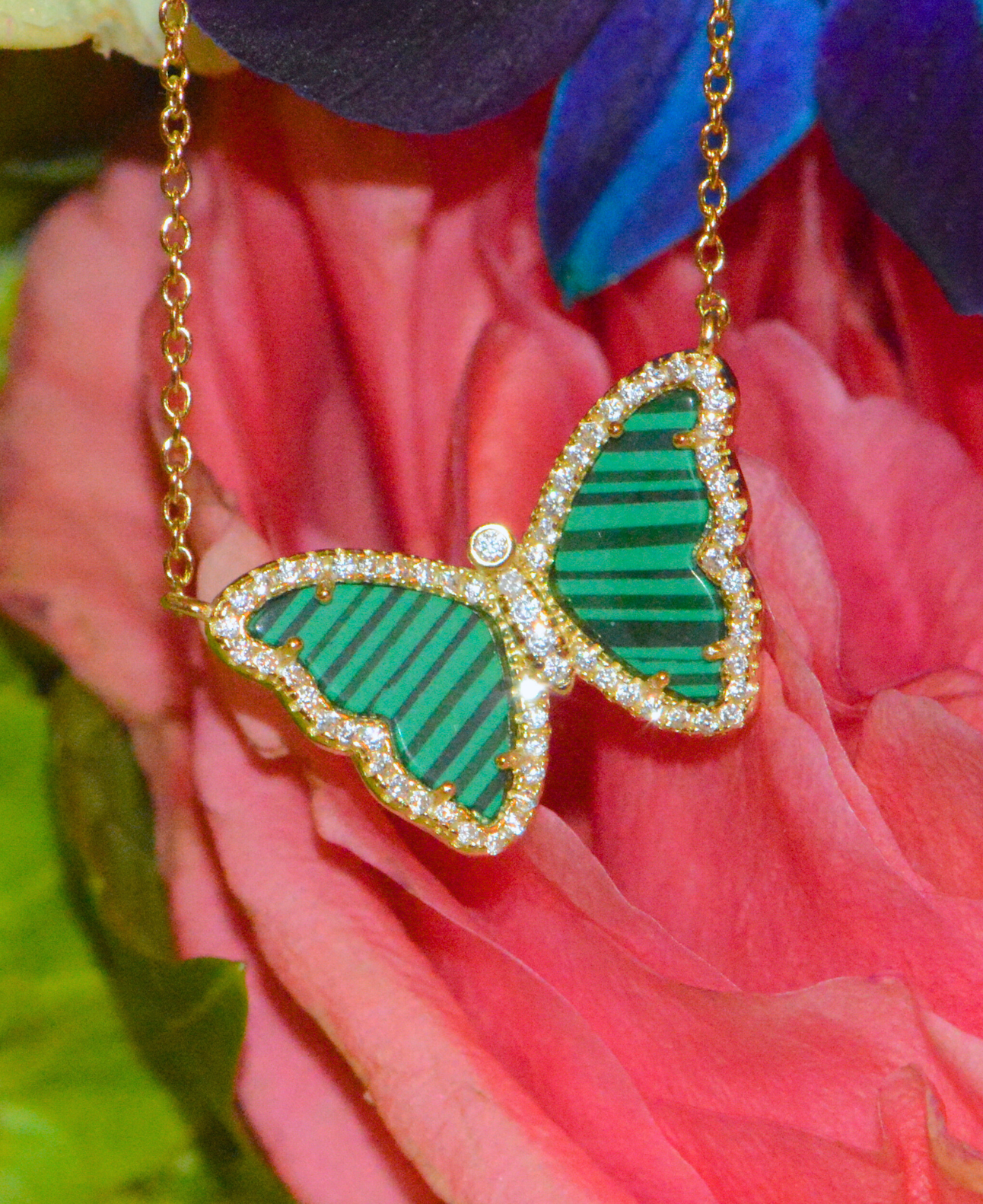 malachite butterfly necklace with crystals in yellow gold