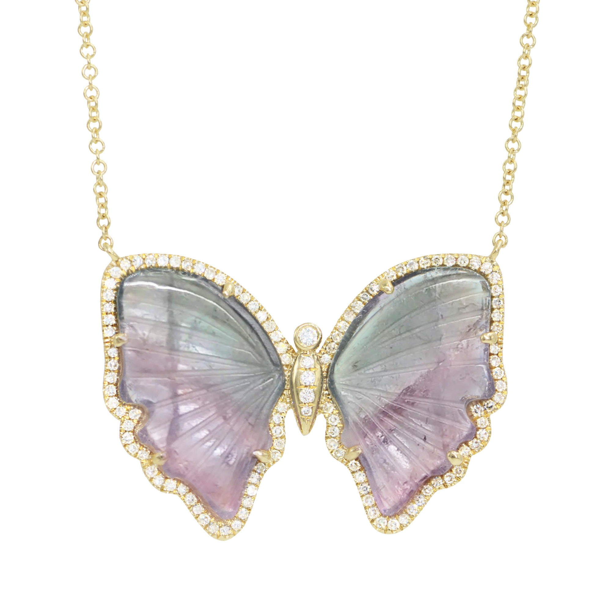 mauve and purple tourmaline butterfly necklace with diamonds