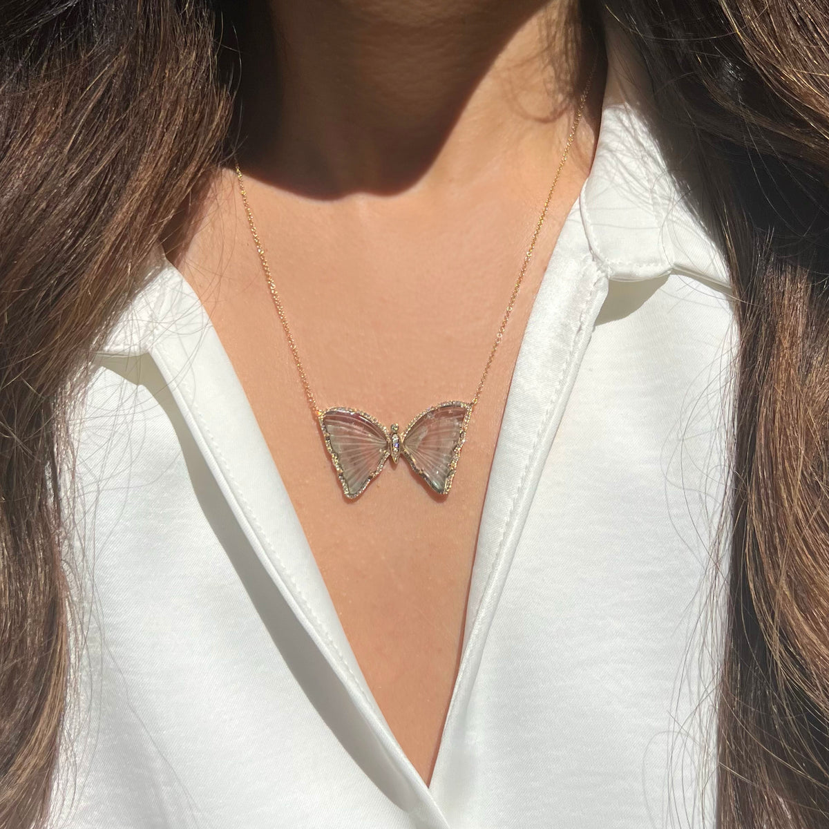 Large Mauve Multi-colored Pastel Tourmaline Butterfly Necklace with Diamonds