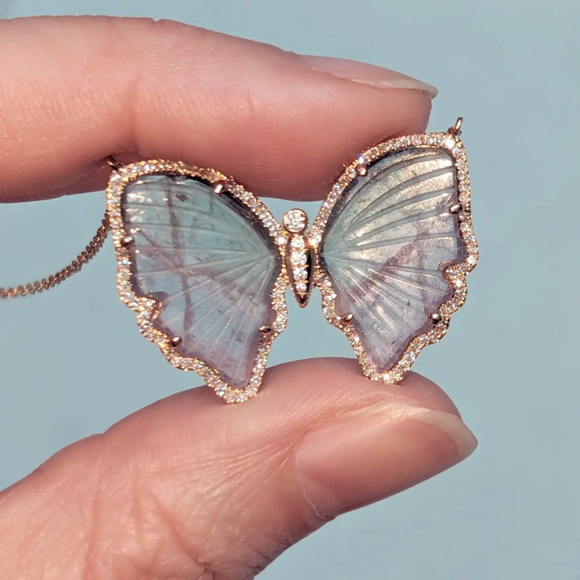 mauve and purple tourmaline butterfly necklace with diamonds