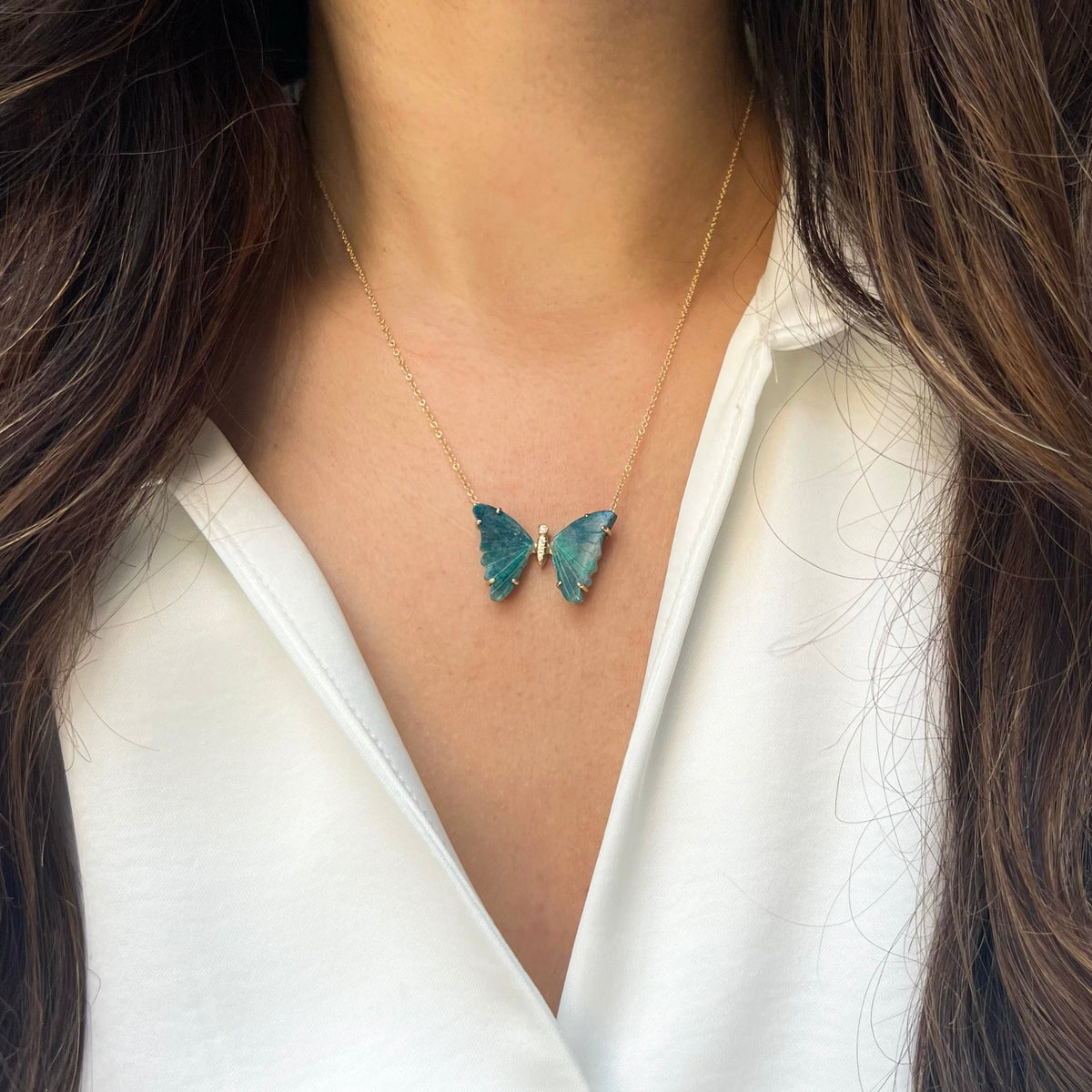 Chrysocolla Butterfly Necklace with Prongs lifestyle