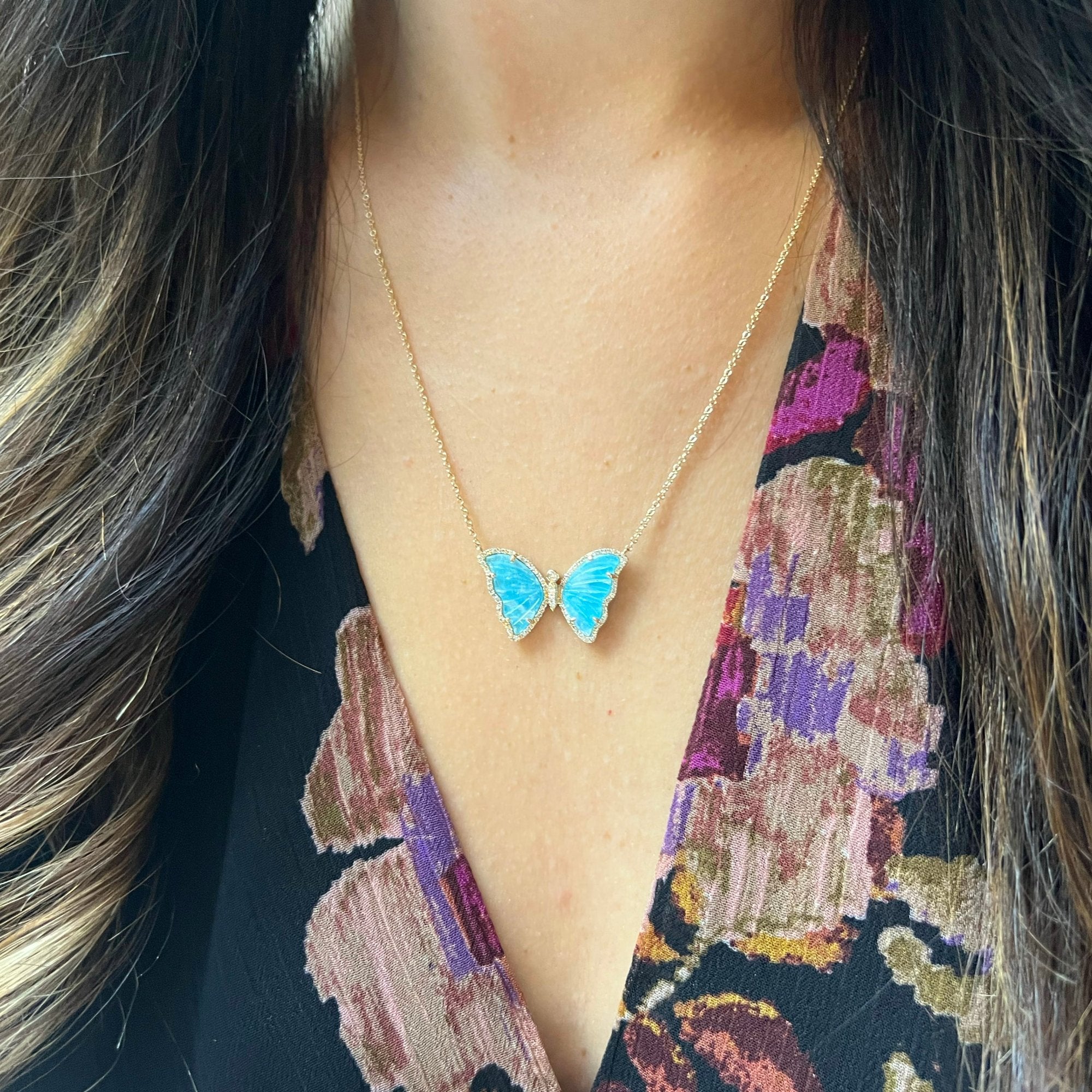 Sky Blue Moonstone and Turquoise Butterfly Necklace with Diamonds