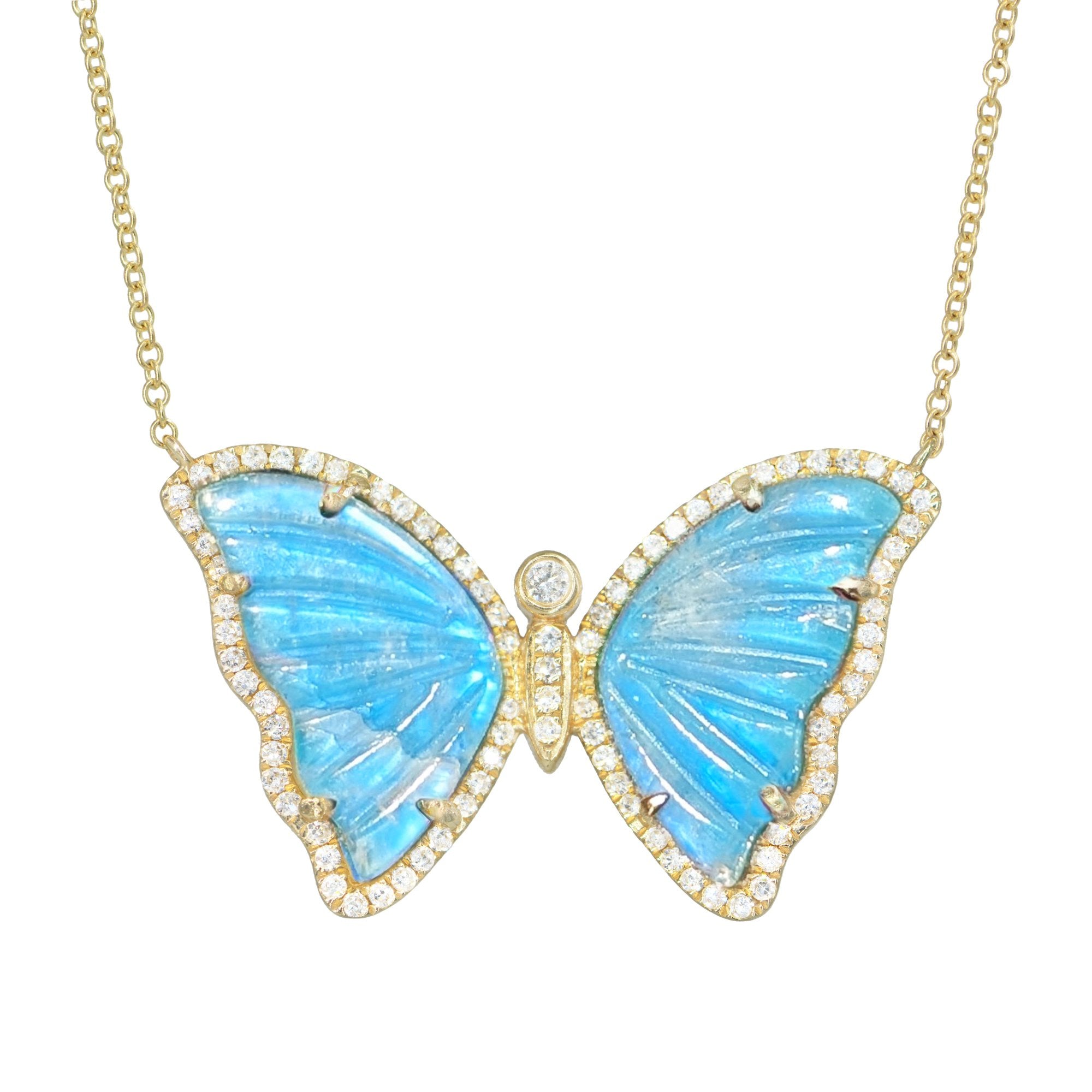 Sky Blue Moonstone and Turquoise Butterfly Necklace with Diamonds