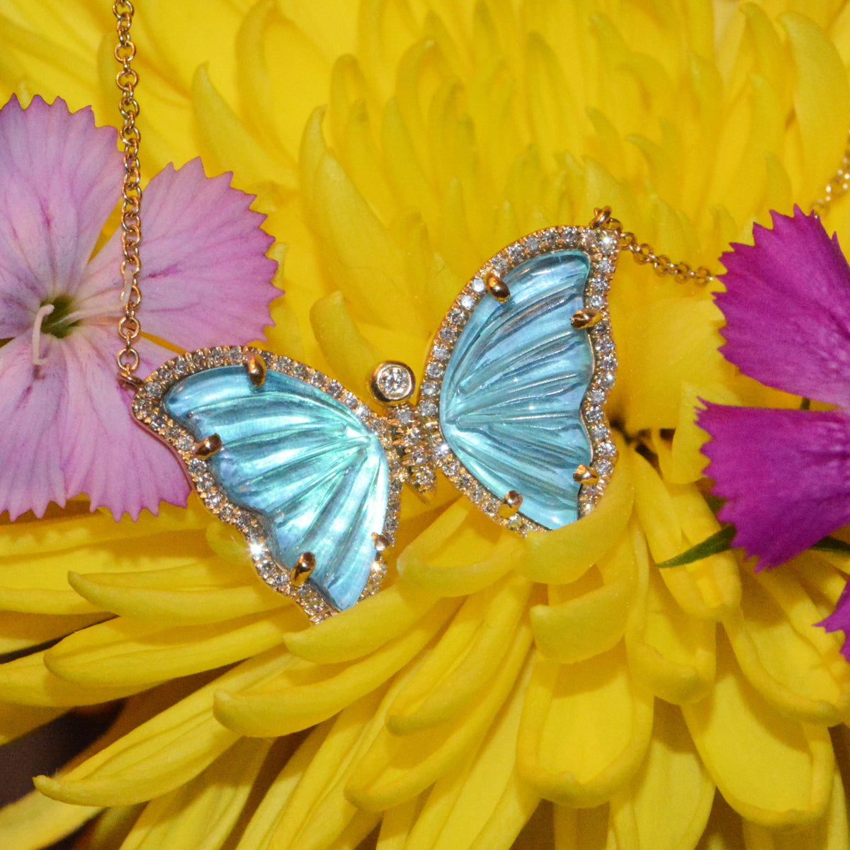 Mermaid Tail Butterfly Necklace with Diamonds - Swiss Blue Topaz