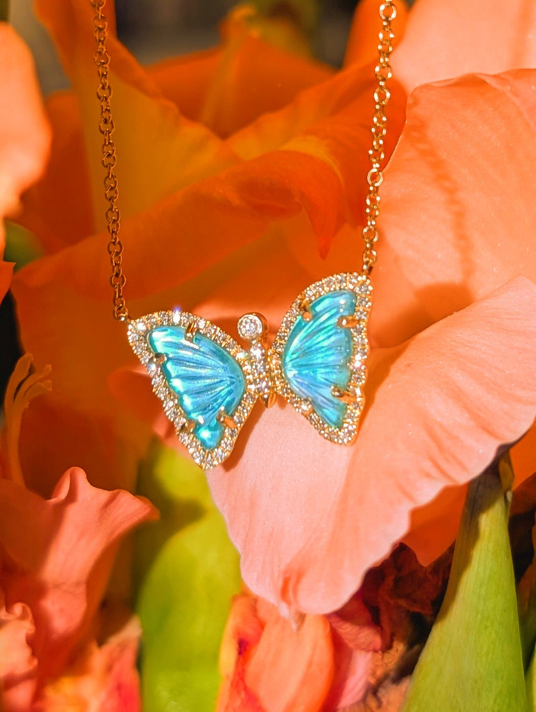 Mini Mermaid Tail Butterfly Necklace with Diamonds - Swiss Blue Topaz