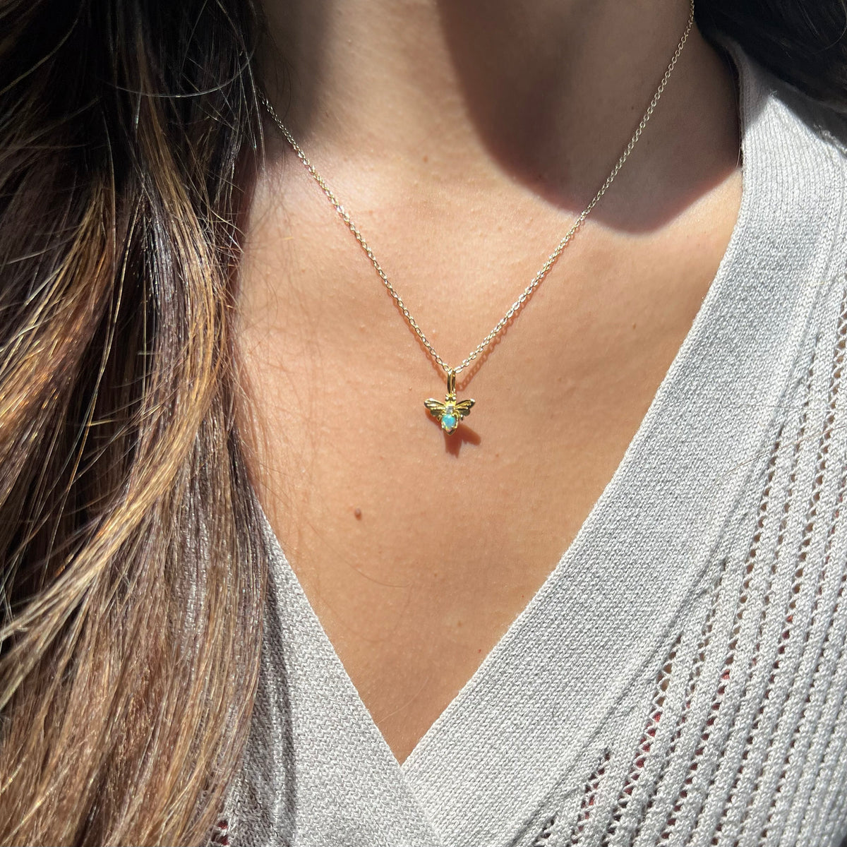 mini bee charm necklace opal lifestyle