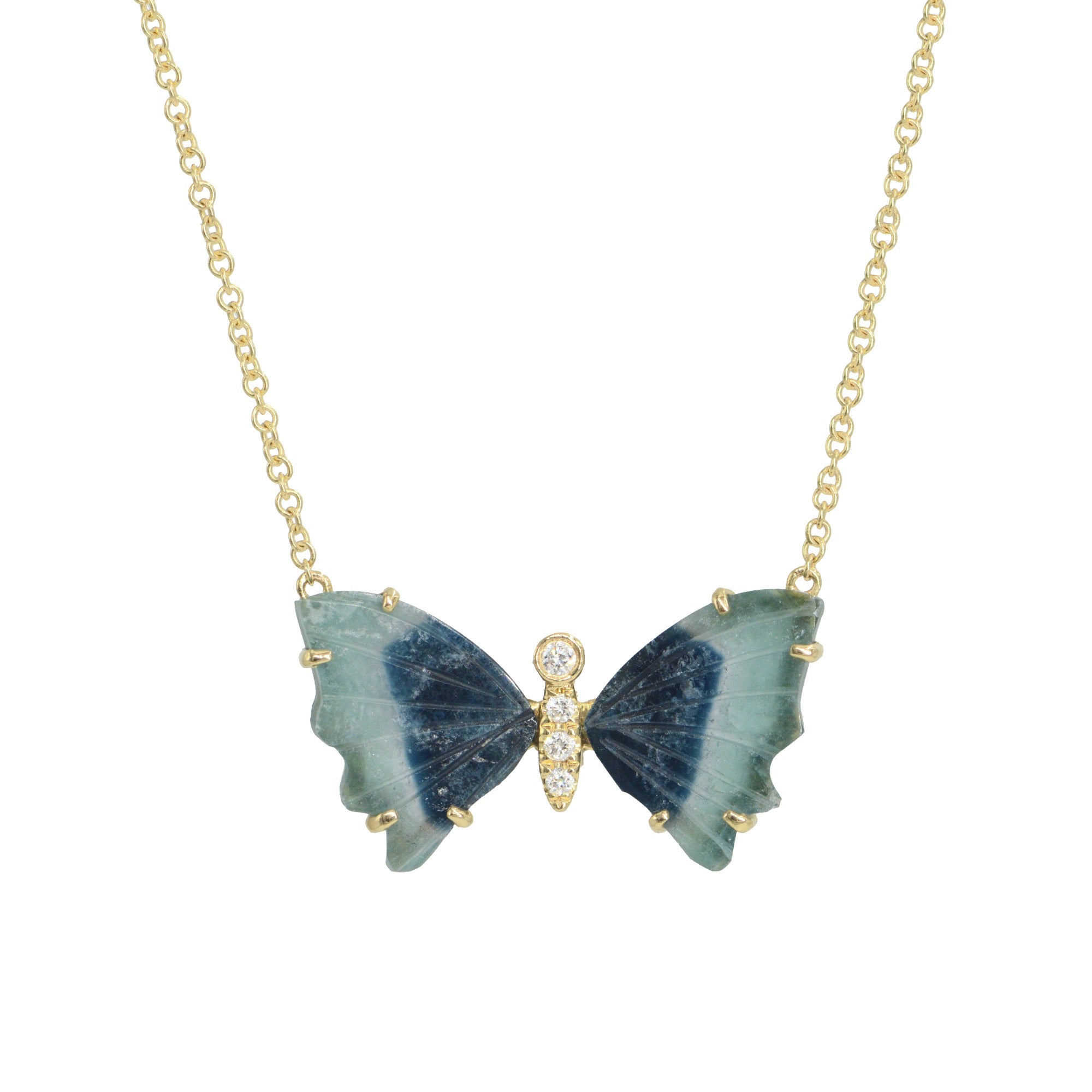 mini blue and navy butterfly necklace with diamonds pronged