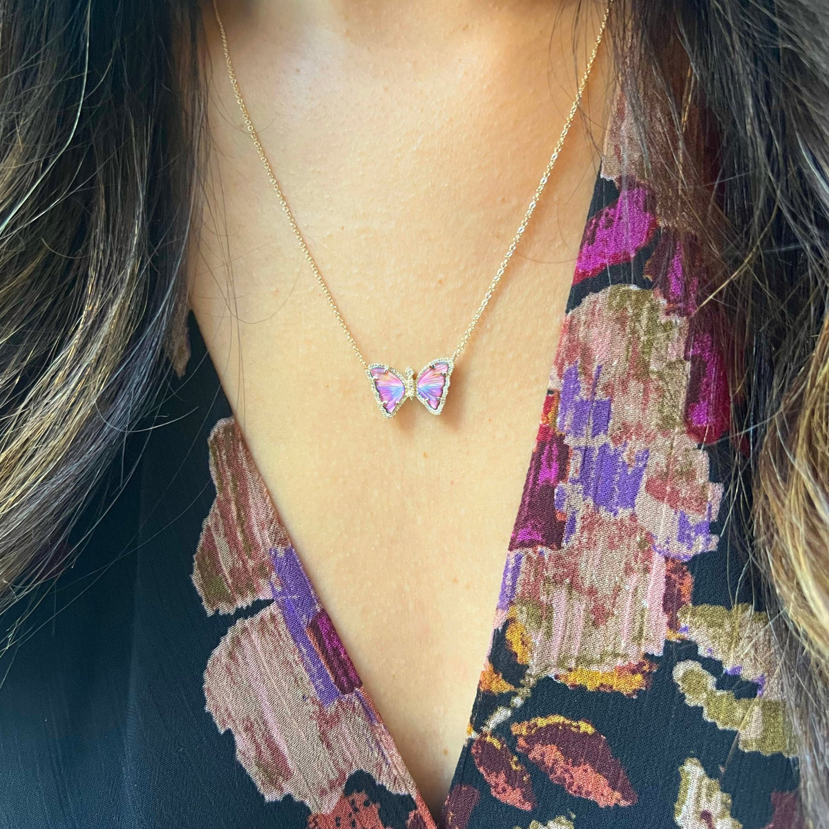 Mini Sunset Rainbow Pearl and Topaz Butterfly Necklace with Diamonds