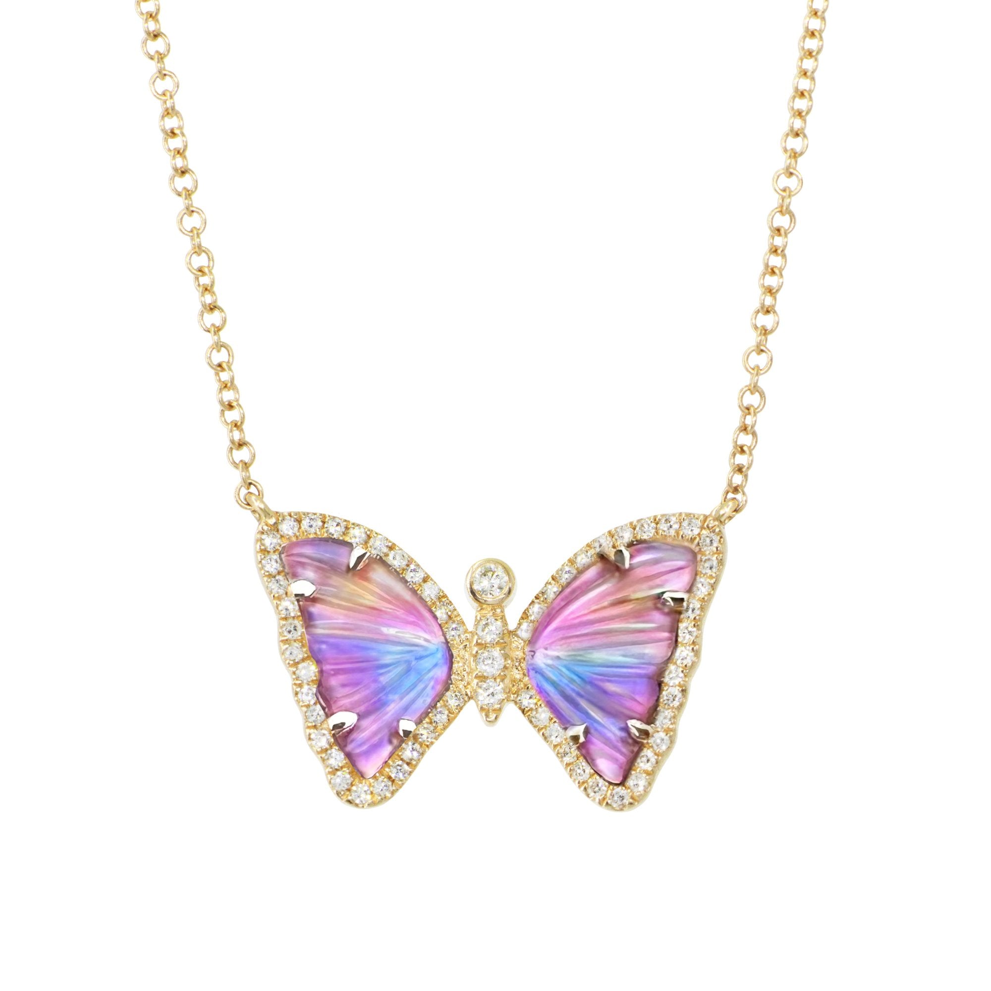 Mini Sunset Rainbow Pearl and Topaz Butterfly Necklace with Diamonds