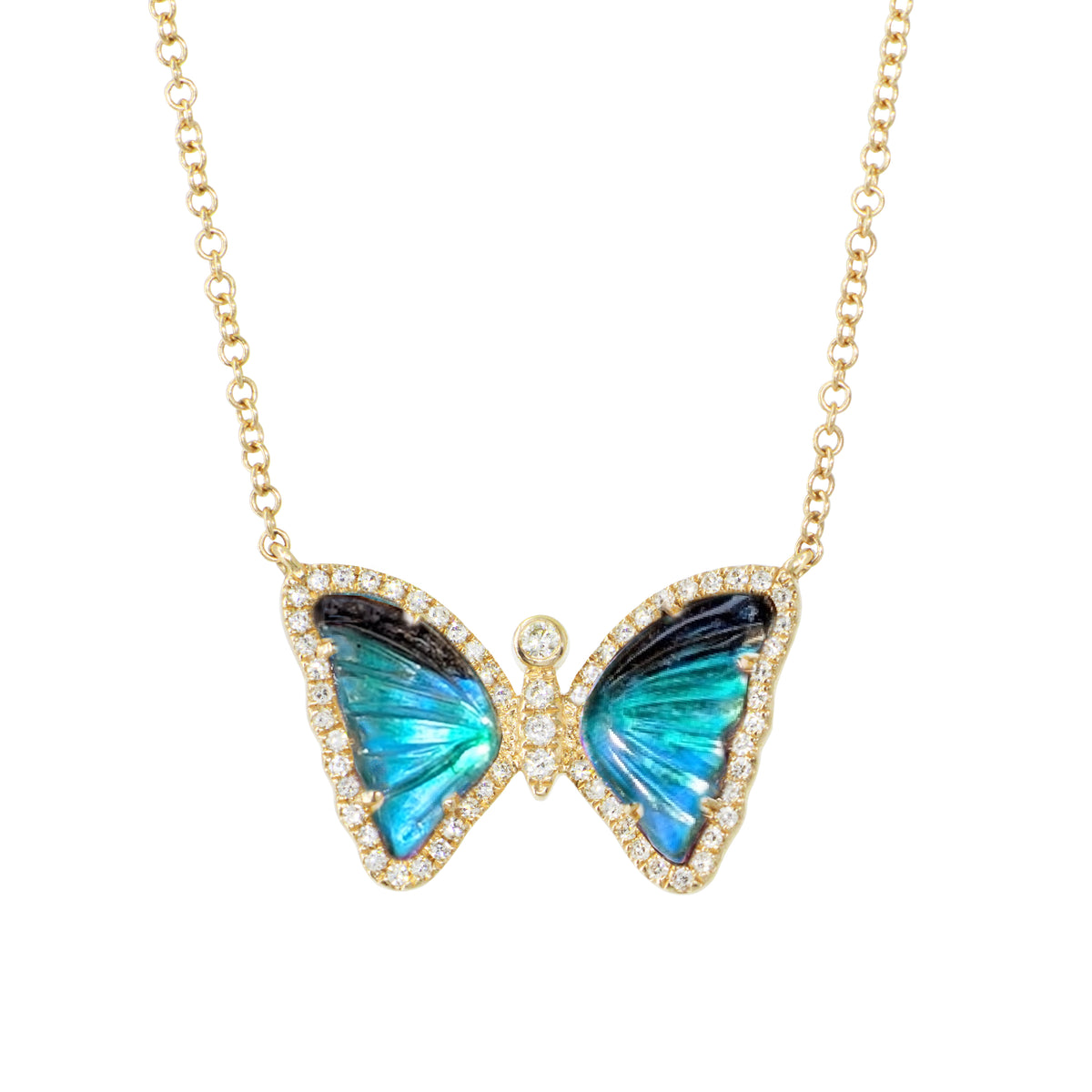 Mini black blue and green cat eye butterfly necklace with diamonds