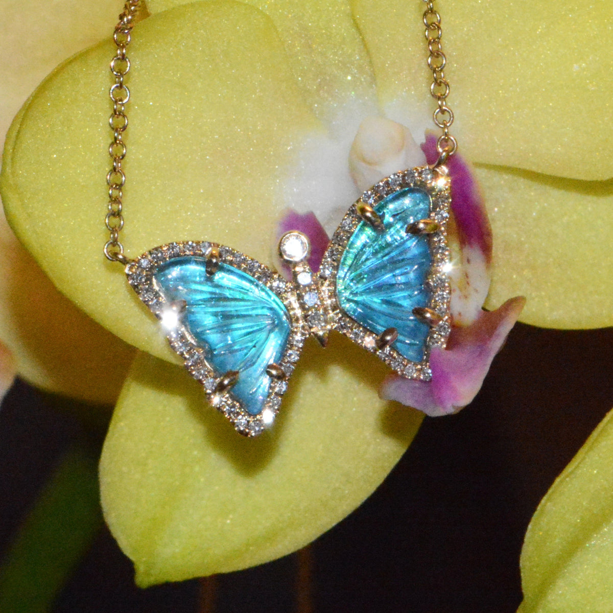 Mini Sparkling Aqua Swiss Blue Butterfly Necklace with Diamonds