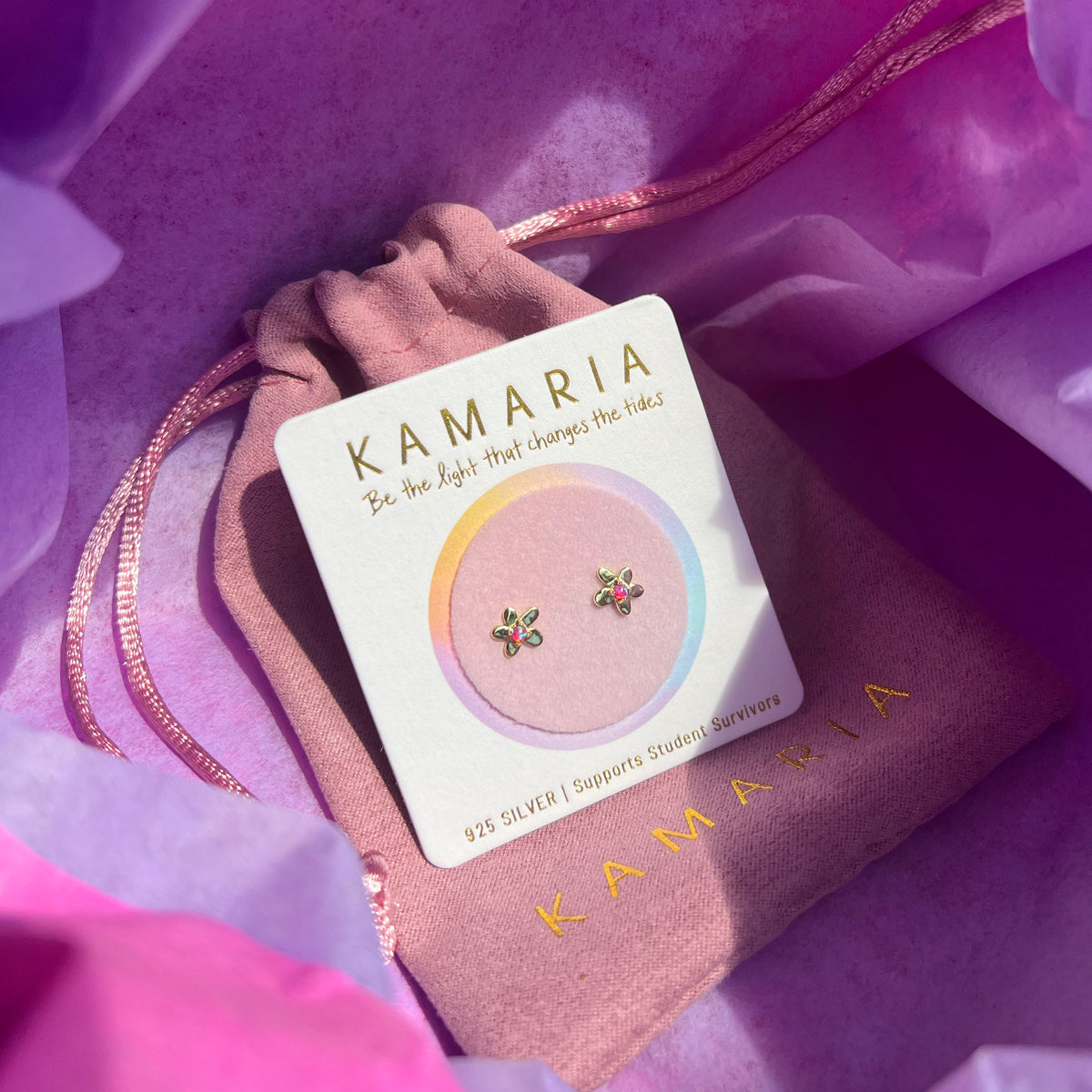 mini flower opal stud earrings fuchsia packaging