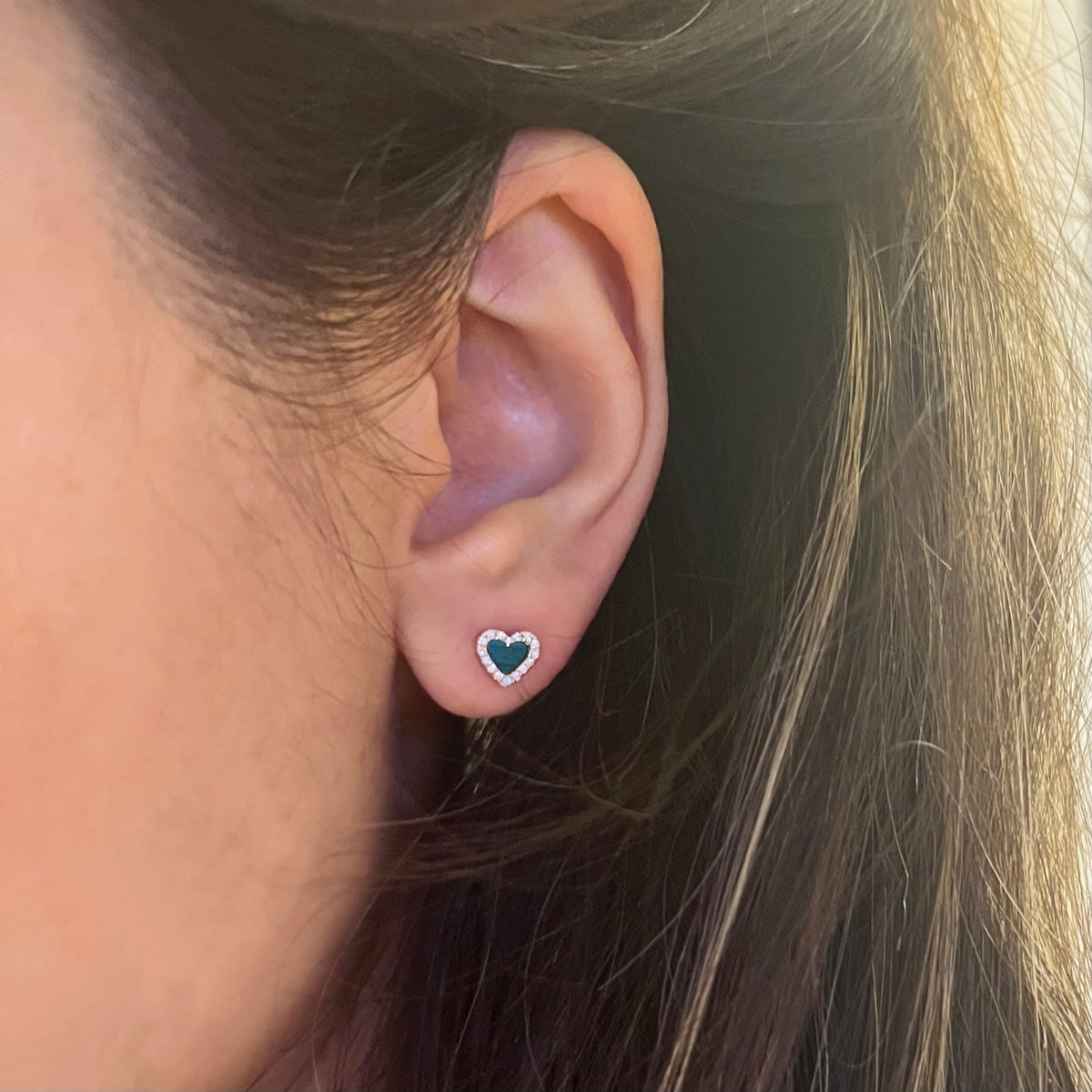 mini heart stud earrings in malachite with diamonds