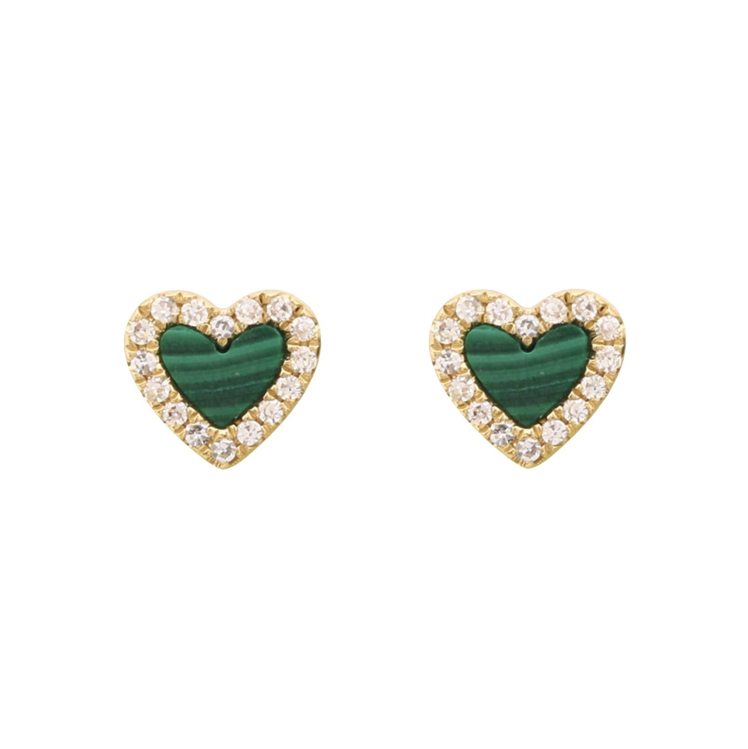 mini heart stud earrings in malachite with diamonds
