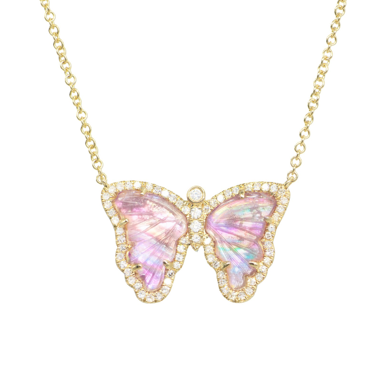 mini lavender butterfly necklace with pearl and diamonds