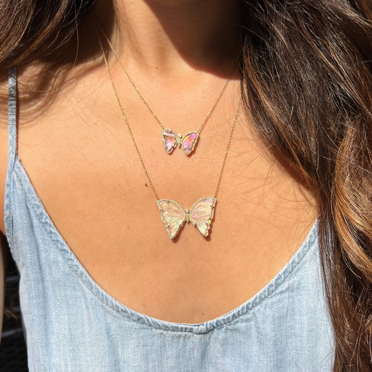 Mini Pink Green and Mauve Tourmaline Butterfly Necklace with Diamonds layered