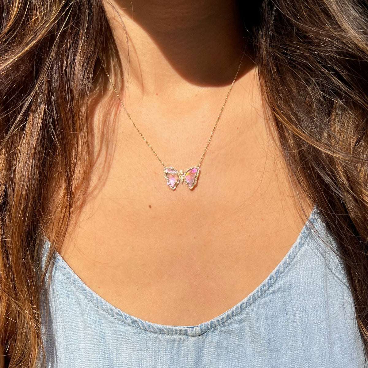 Mini Pink Green and Mauve Tourmaline Butterfly Necklace with Diamonds