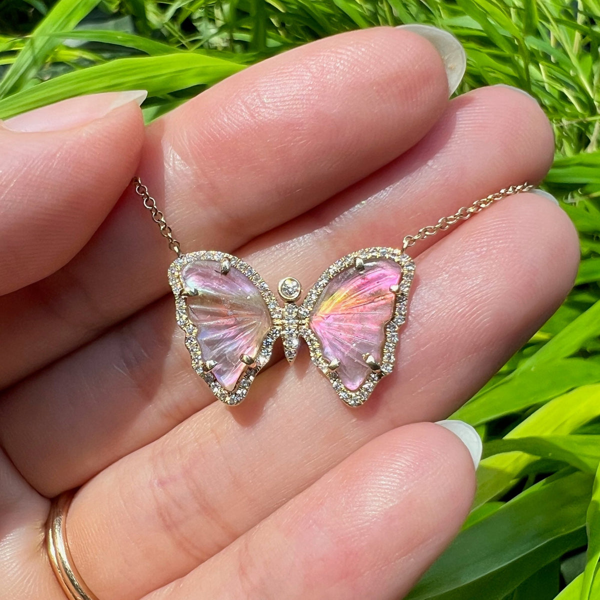 Mini Pink Green and Mauve Tourmaline Butterfly Necklace with Diamonds